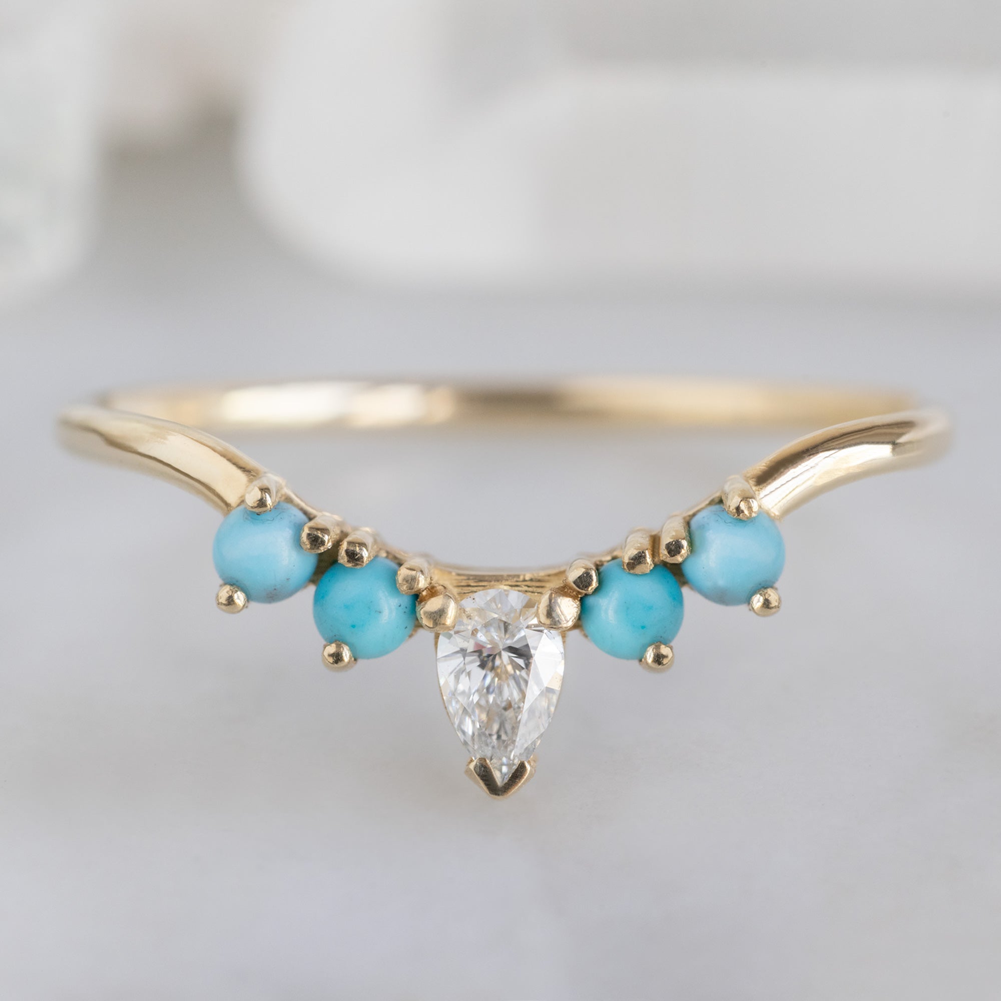 Alexis Russell Wedding Bands White Diamond + Turquoise 4-Stone Sunburst Stacking Band | Yellow, Rose or White Gold