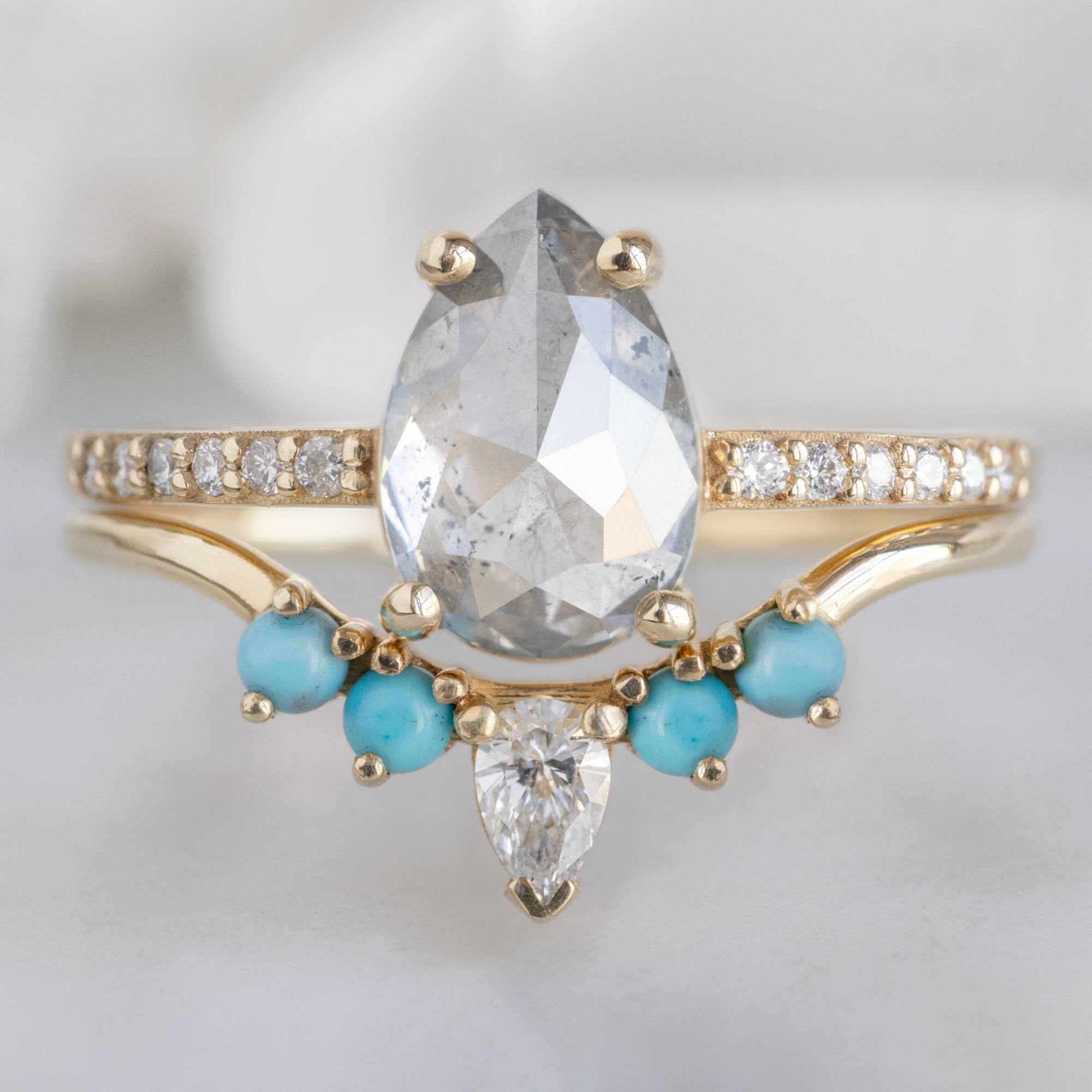 Alexis Russell Wedding Bands White Diamond + Turquoise 4-Stone Sunburst Stacking Band | Yellow, Rose or White Gold