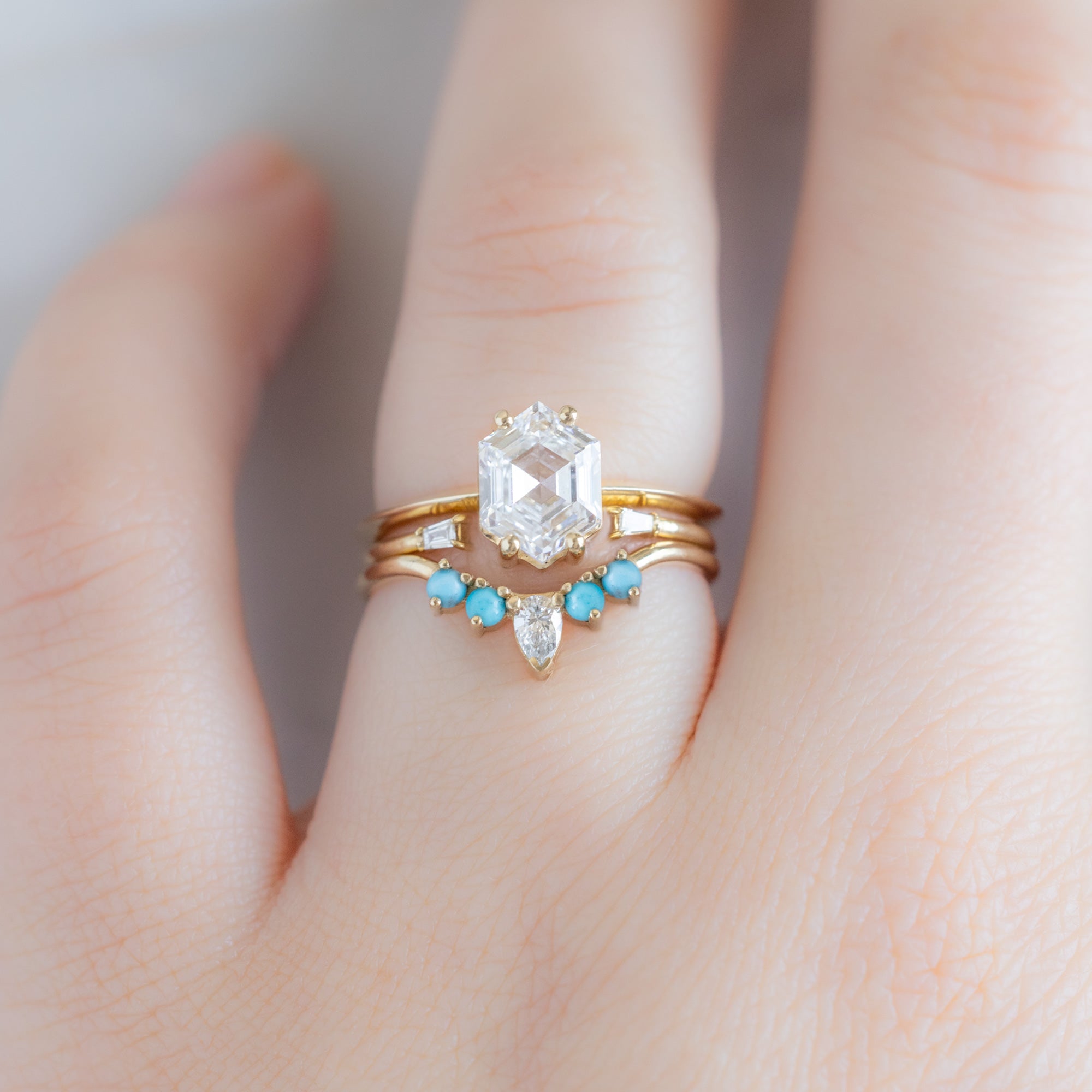 Alexis Russell Wedding Bands White Diamond + Turquoise 4-Stone Sunburst Stacking Band | Yellow, Rose or White Gold