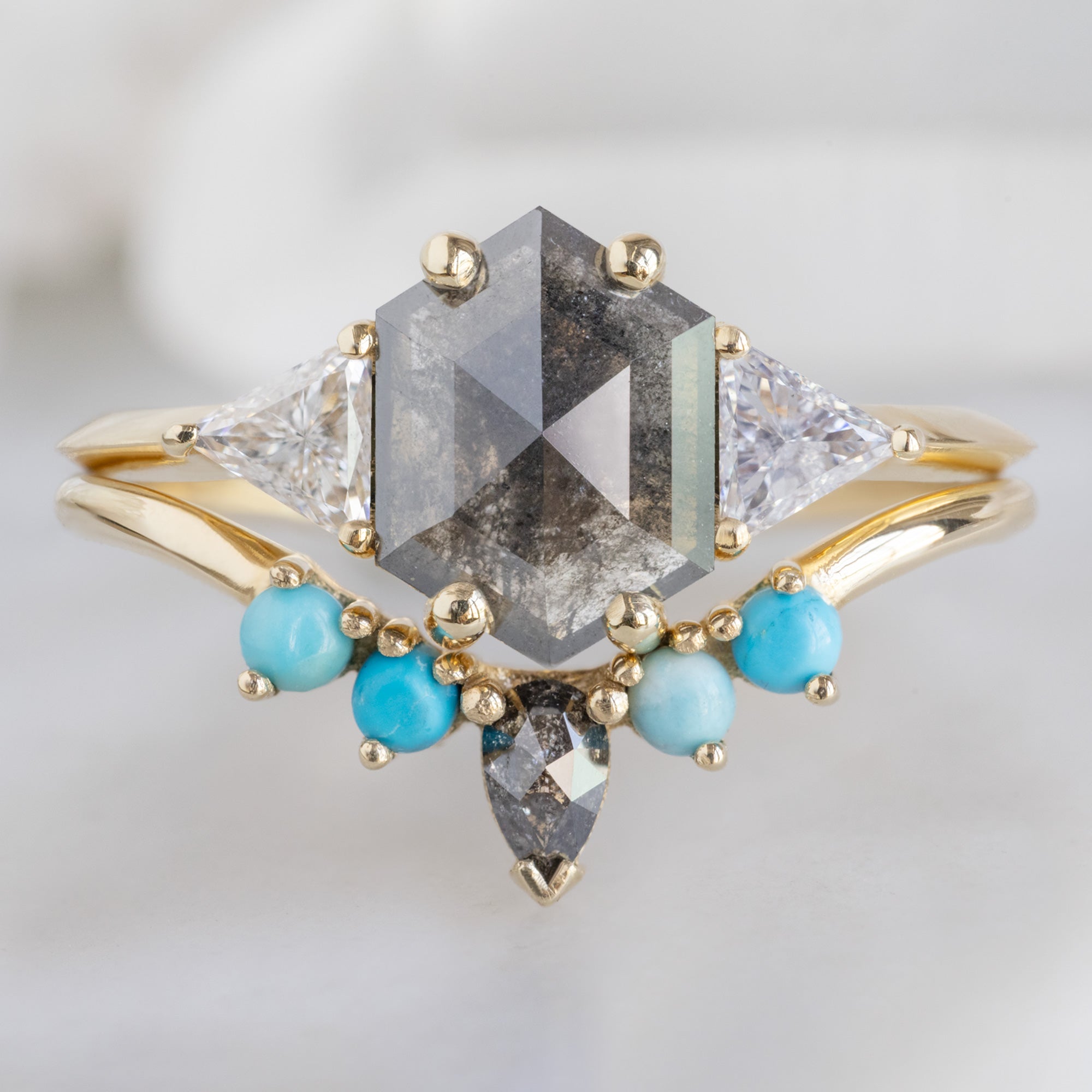 Alexis Russell Wedding Bands Black Diamond + Turquoise 4-Stone Sunburst Stacking Band | Yellow, Rose or White Gold