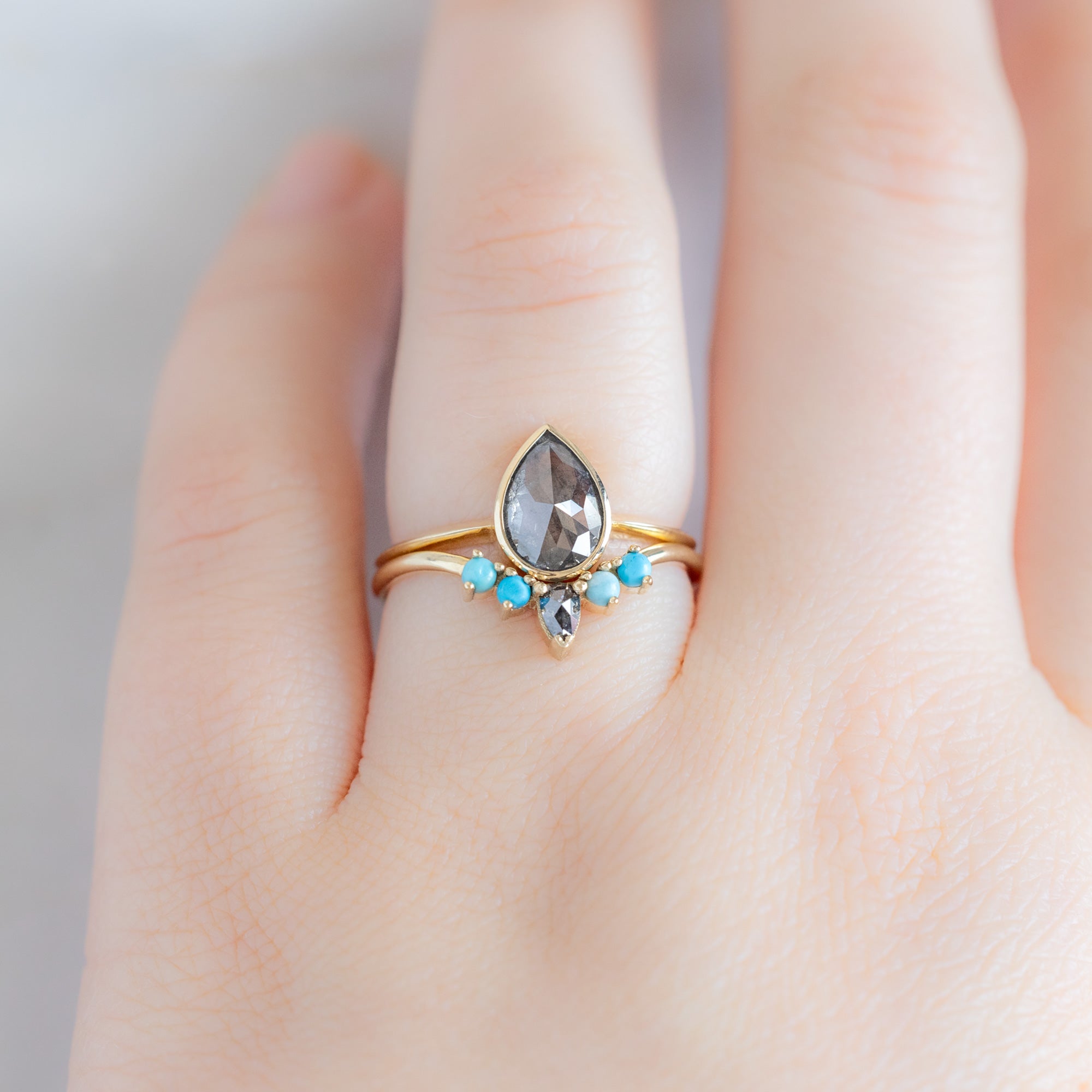 Alexis Russell Wedding Bands Black Diamond + Turquoise 4-Stone Sunburst Stacking Band | Yellow, Rose or White Gold