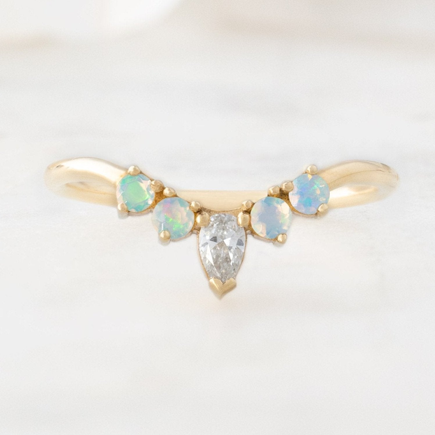 Alexis Russell Wedding Bands White Diamond + Opal 4-Stone Sunburst Stacking Band | Yellow, Rose or White Gold