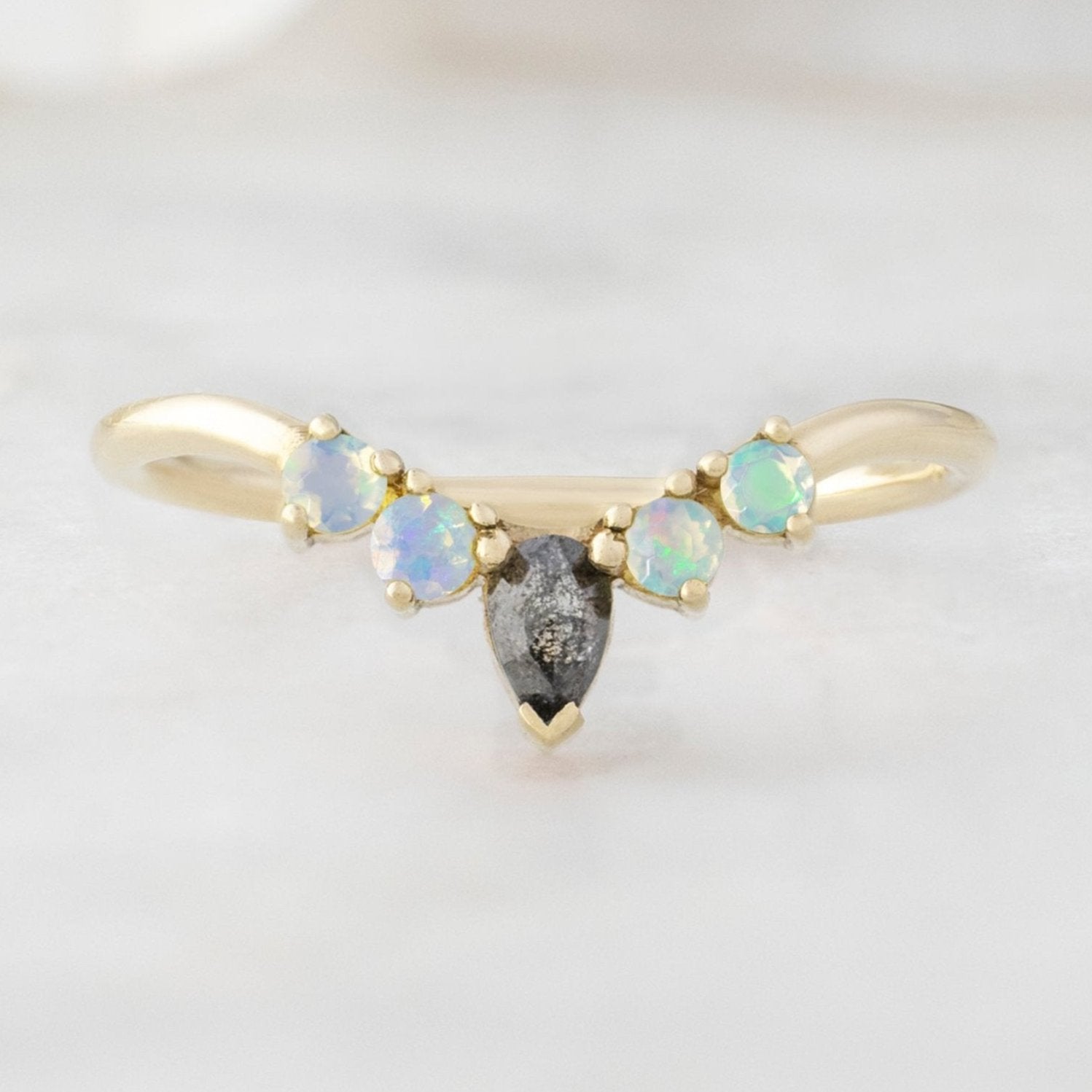 Alexis Russell Wedding Bands Black Diamond + Opal 4-Stone Sunburst Stacking Band | Yellow Gold