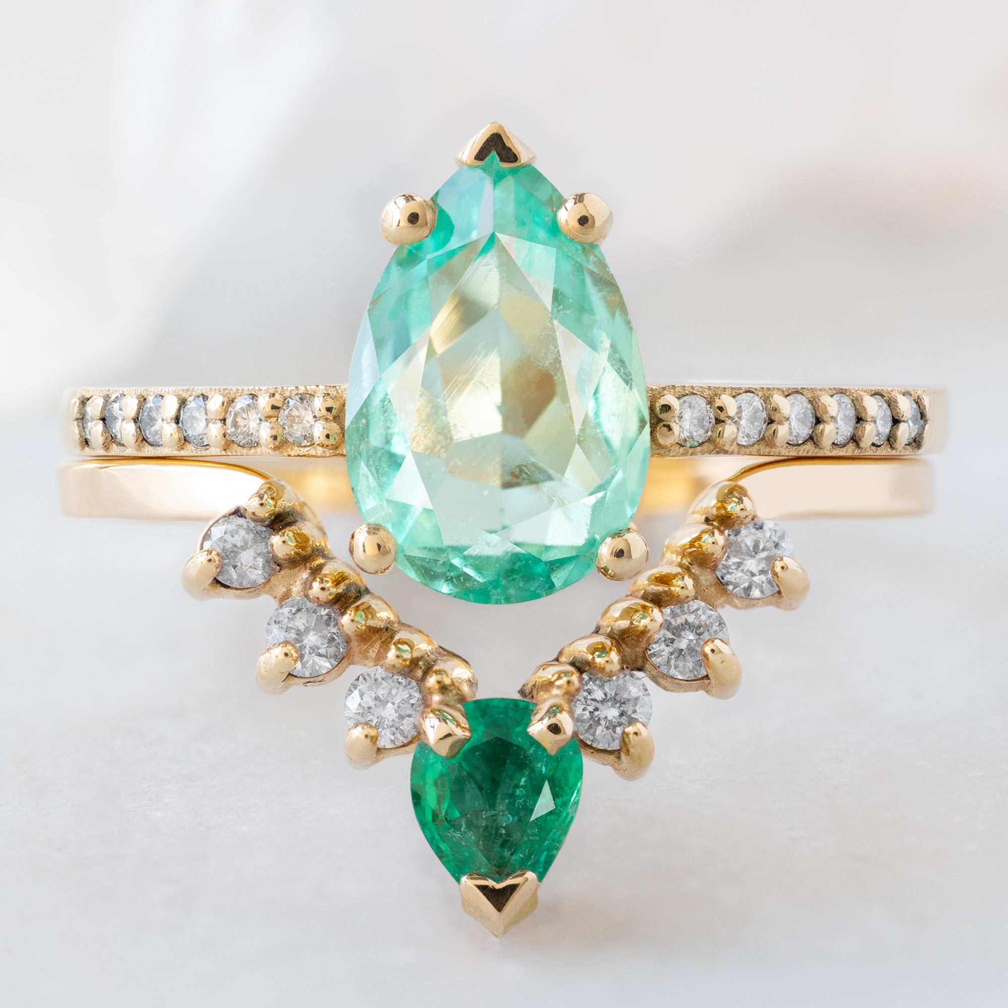 Alexis Russell  Wedding Bands Emerald + White Diamond Sunburst Stacking Band | Yellow, Rose or White Gold