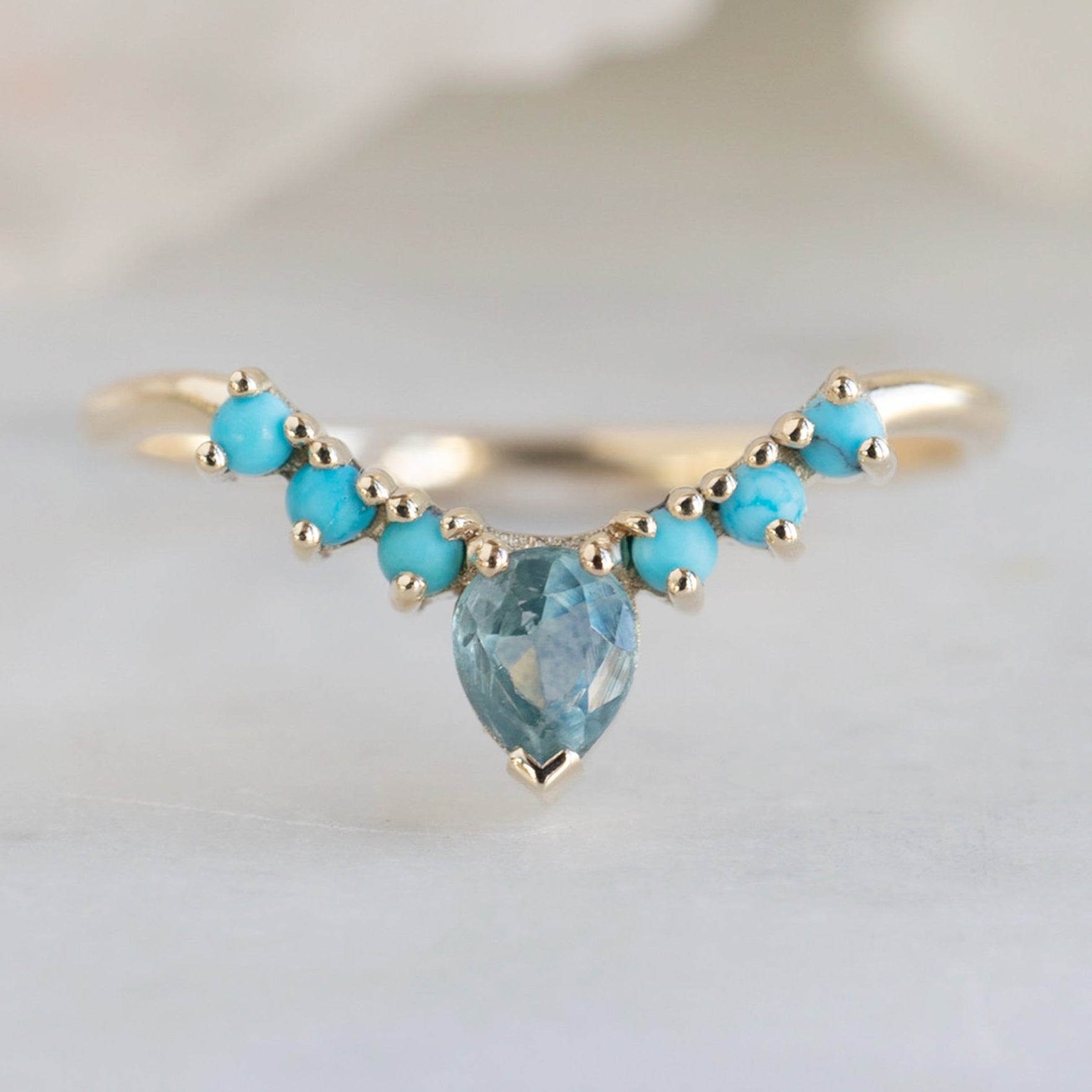 Alexis Russell Wedding Bands Montana Sapphire + Turquoise Sunburst Stacking Band | Yellow, Rose or White Gold