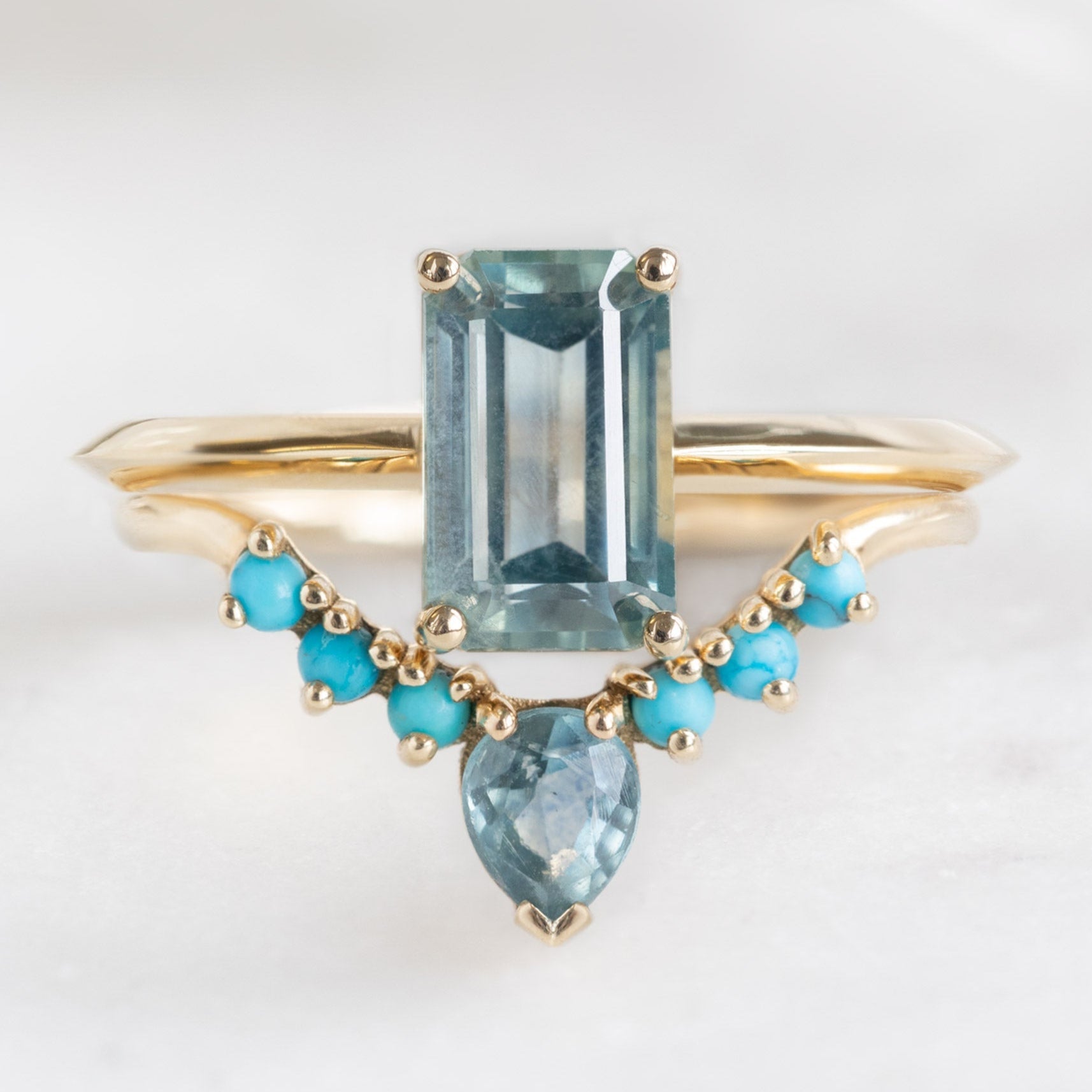 Alexis Russell Wedding Bands Montana Sapphire + Turquoise Sunburst Stacking Band | Yellow, Rose or White Gold