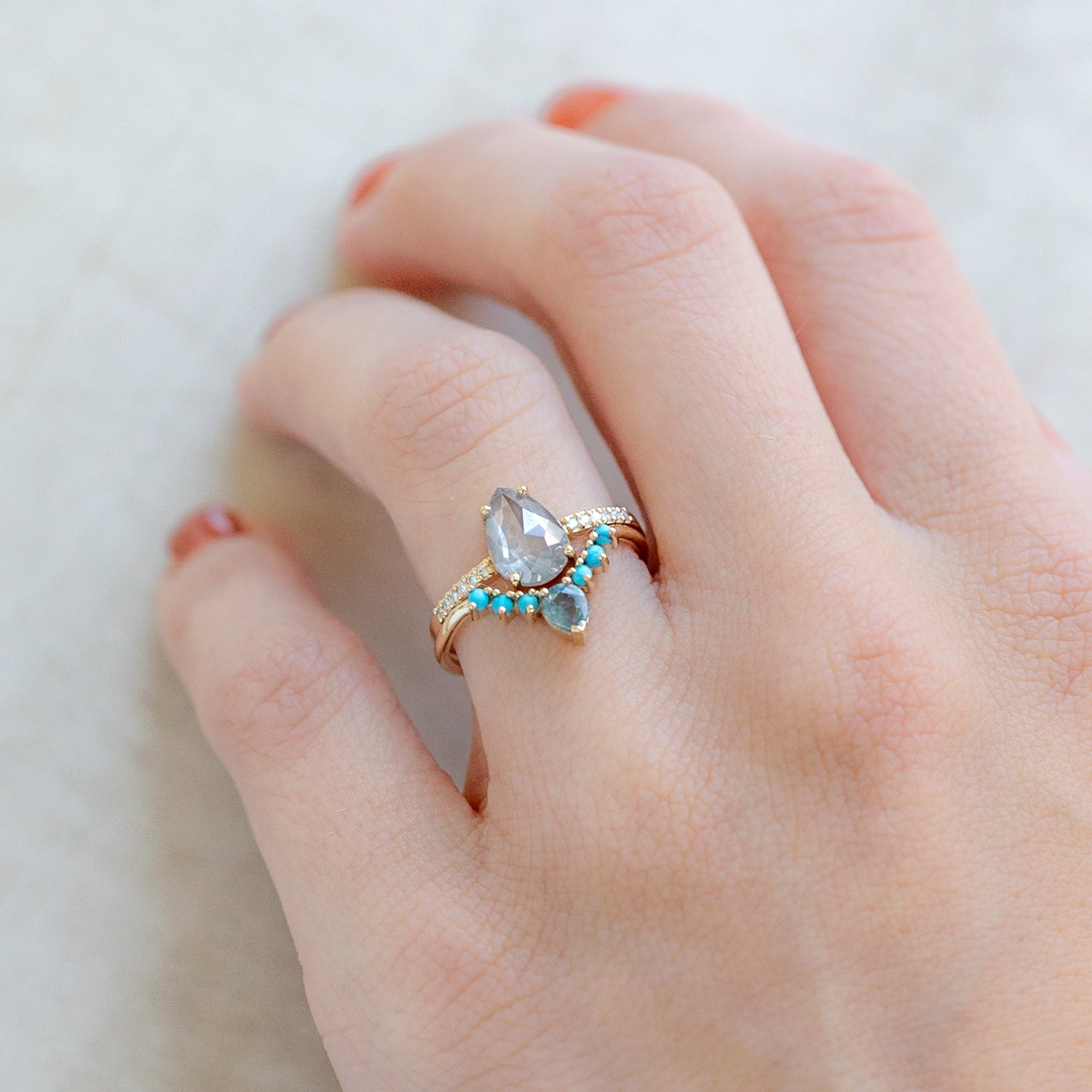 Alexis Russell Wedding Bands Montana Sapphire + Turquoise Sunburst Stacking Band | Yellow, Rose or White Gold