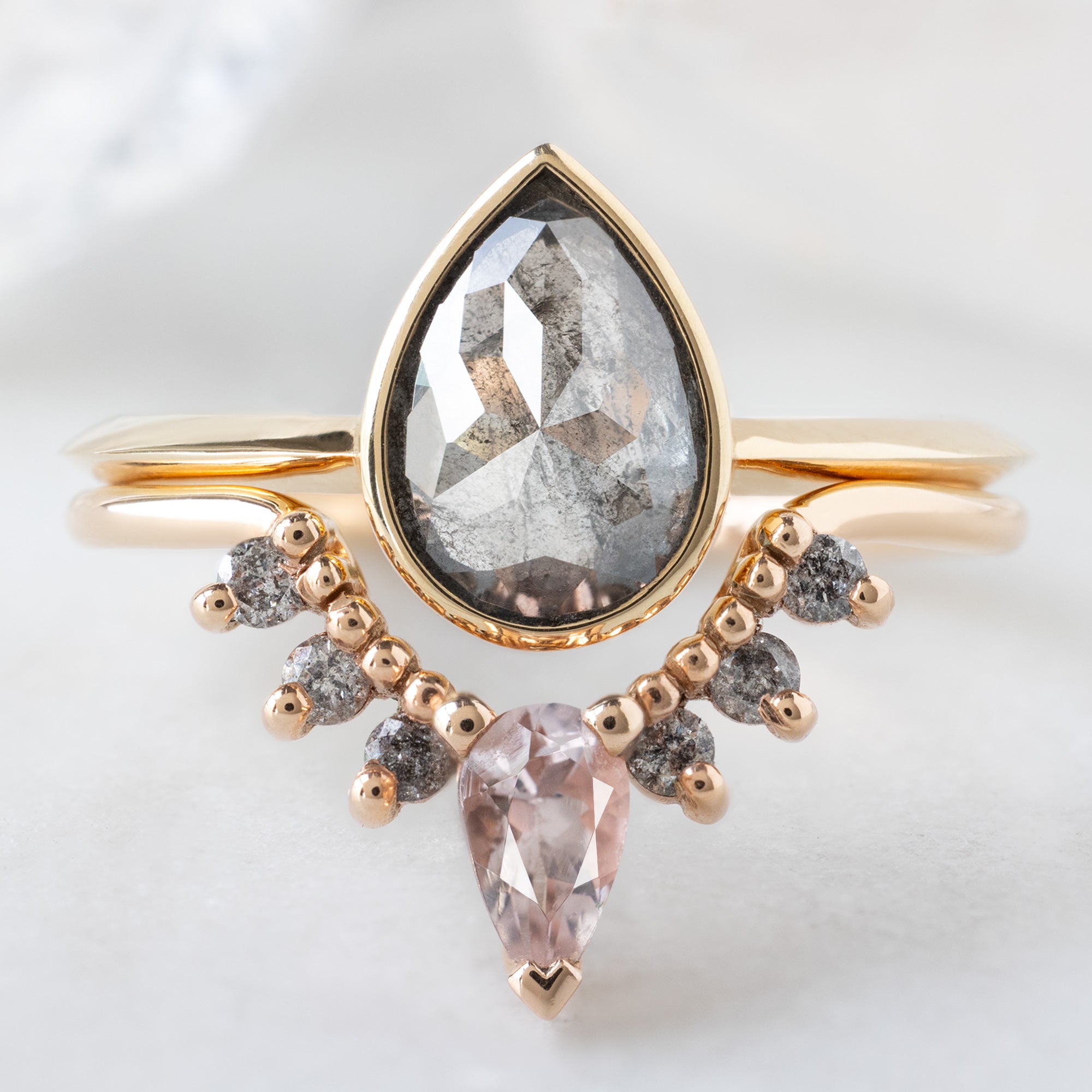 Alexis Russell  Wedding Bands Morganite + Salt and Pepper Diamond Sunburst Stacking Band | Yellow, Rose or White Gold