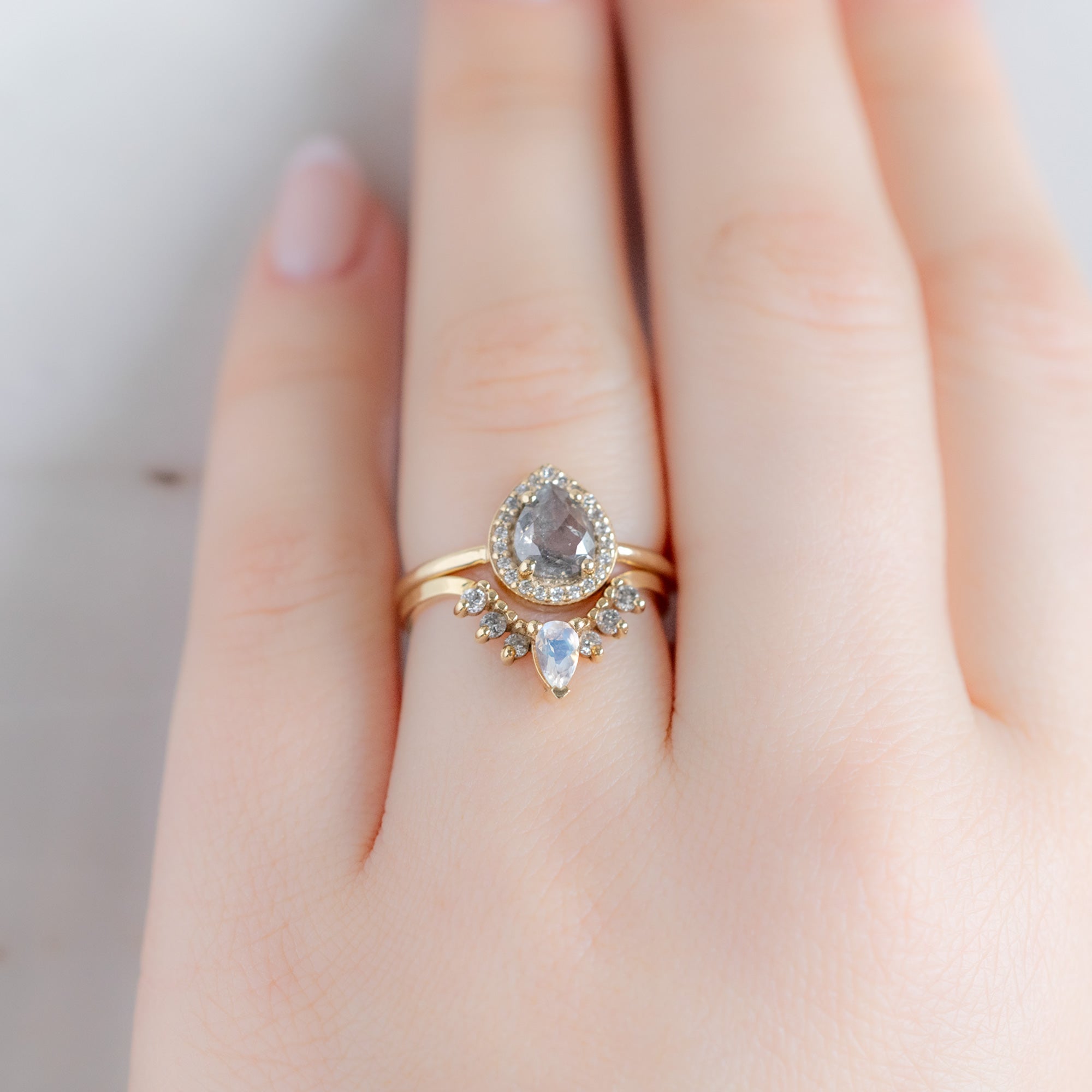Alexis Russell  Wedding Bands Moonstone + Salt and Pepper Diamond Sunburst Stacking Band | Yellow, Rose or White Gold