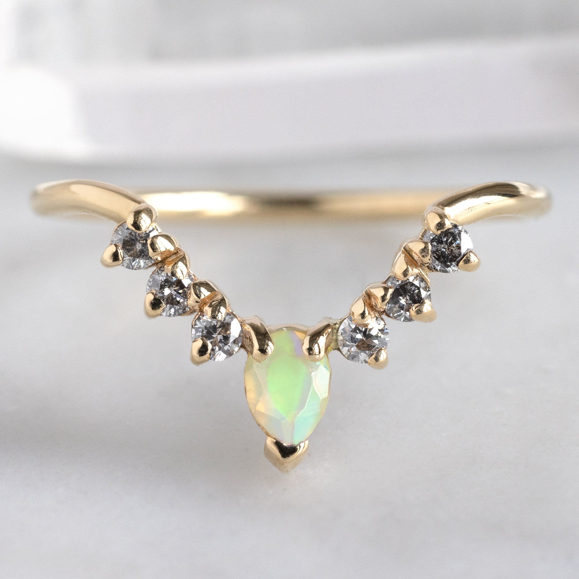 Alexis Russell  Wedding Bands Opal + Salt and Pepper Diamond Sunburst Stacking Band | Yellow, Rose or White Gold