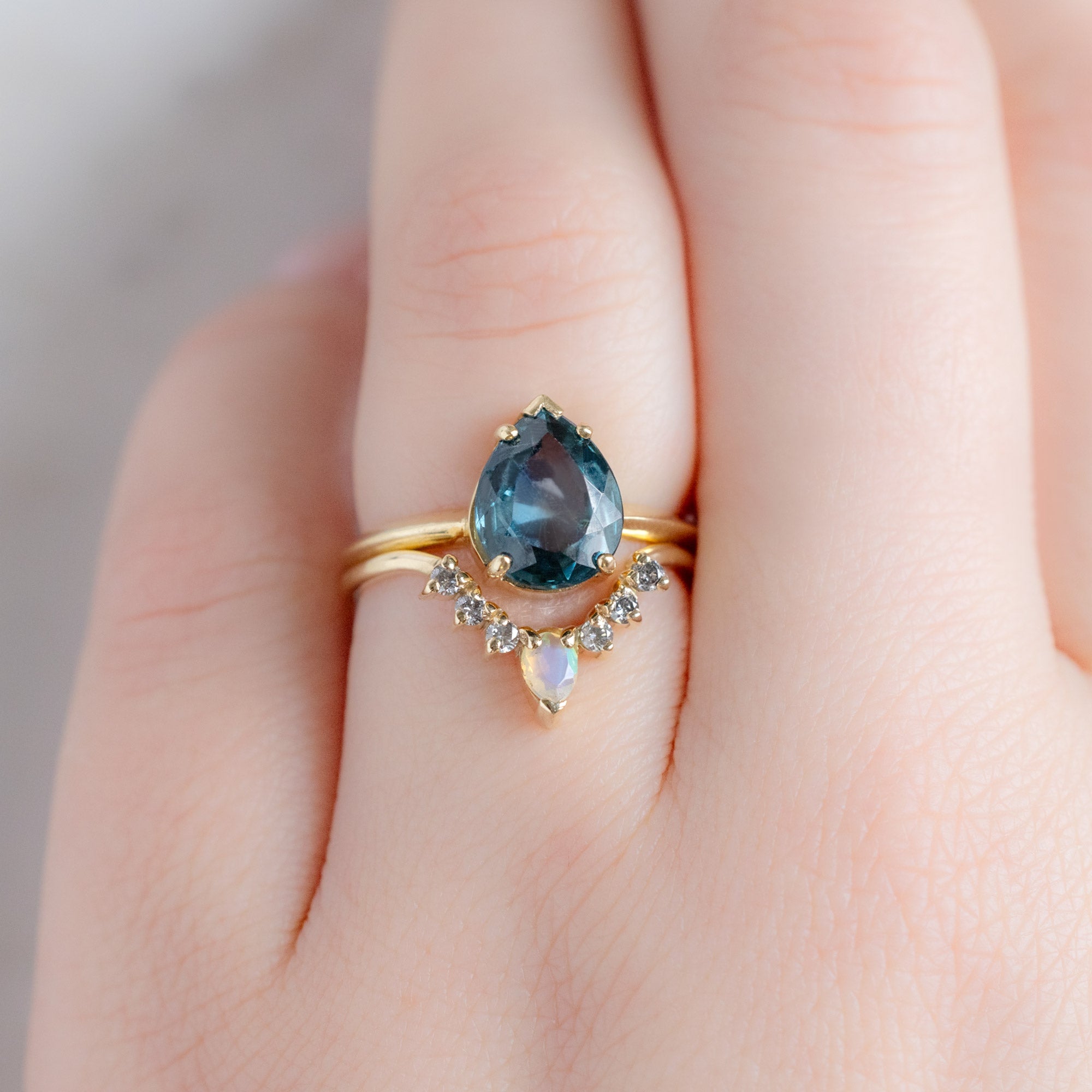 Alexis Russell  Wedding Bands Opal + Salt and Pepper Diamond Sunburst Stacking Band | Yellow, Rose or White Gold