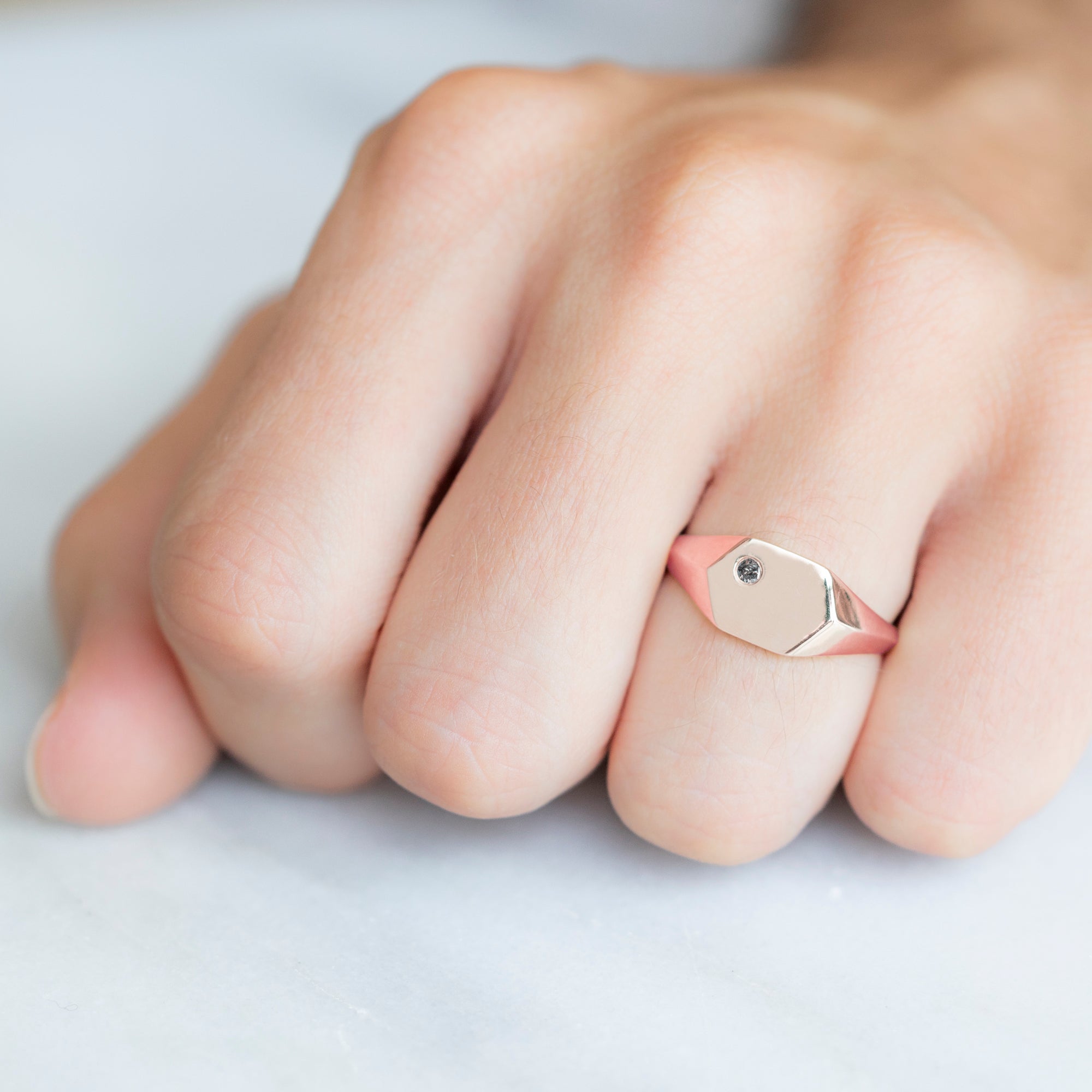 Alexis Russell Wedding Bands The Hexagon Salt and Pepper Diamond Signet Ring | Yellow, Rose or White Gold