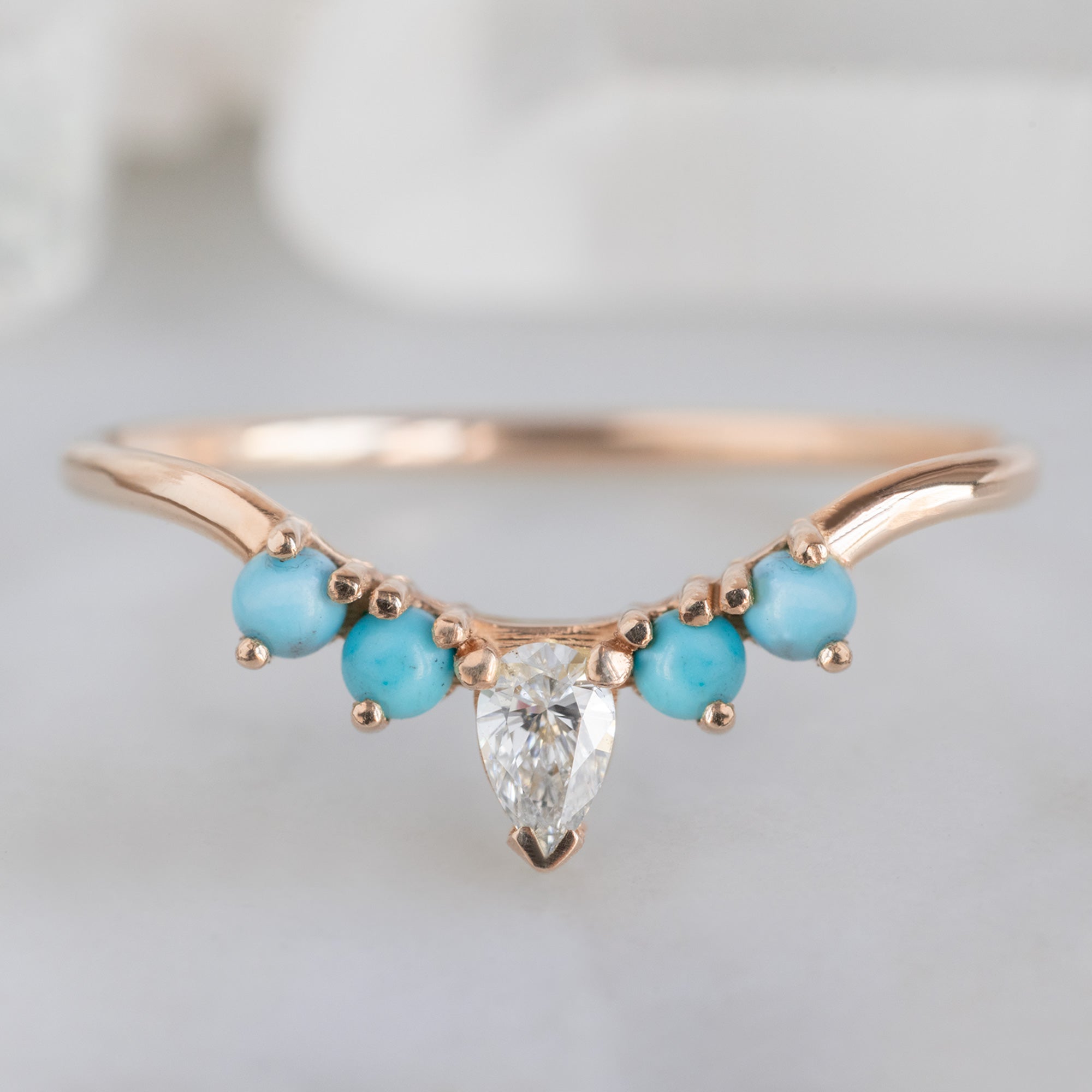 Alexis Russell Wedding Bands White Diamond + Turquoise 4-Stone Sunburst Stacking Band | Yellow, Rose or White Gold
