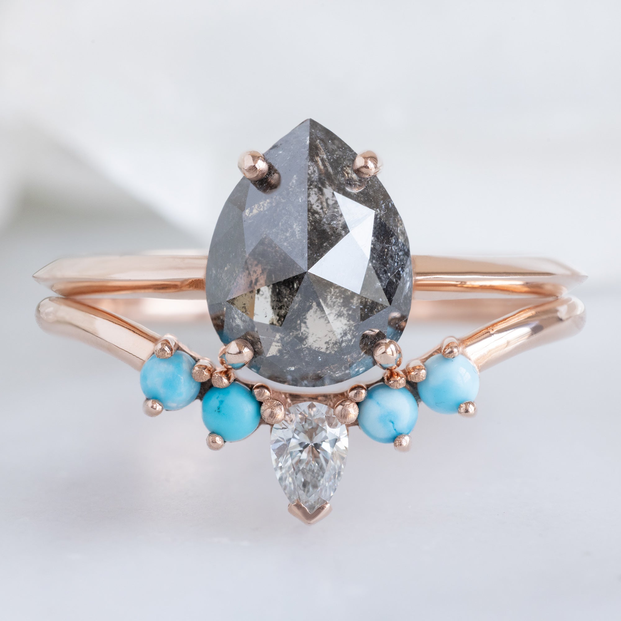 Alexis Russell Wedding Bands White Diamond + Turquoise 4-Stone Sunburst Stacking Band | Yellow, Rose or White Gold