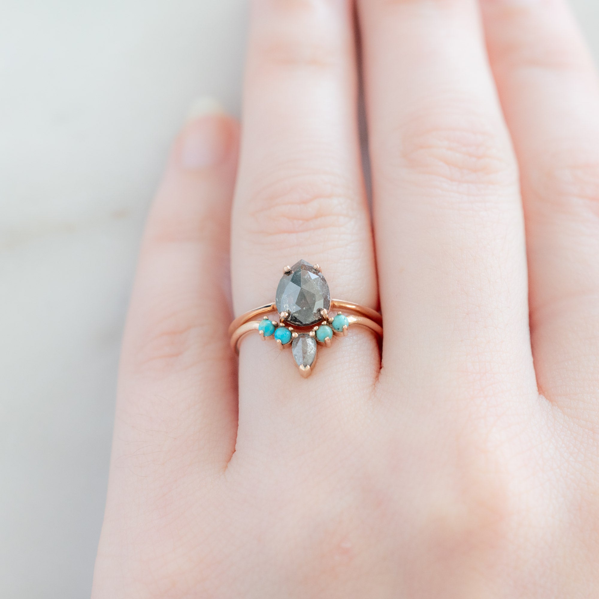 Alexis Russell Wedding Bands Black Diamond + Turquoise 4-Stone Sunburst Stacking Band | Yellow, Rose or White Gold