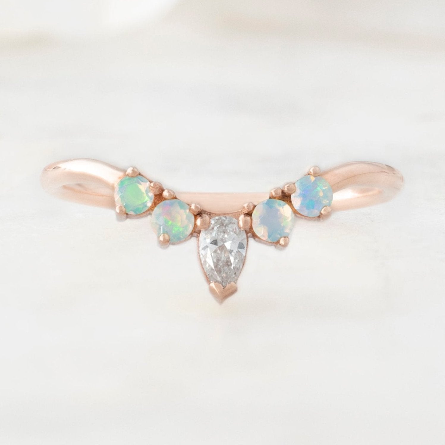 Alexis Russell Wedding Bands White Diamond + Opal 4-Stone Sunburst Stacking Band | Rose Gold