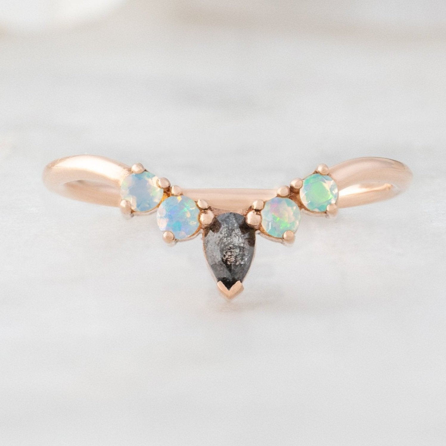 Alexis Russell Wedding Bands Black Diamond + Opal 4-Stone Sunburst Stacking Band | Yellow, Rose or White Gold
