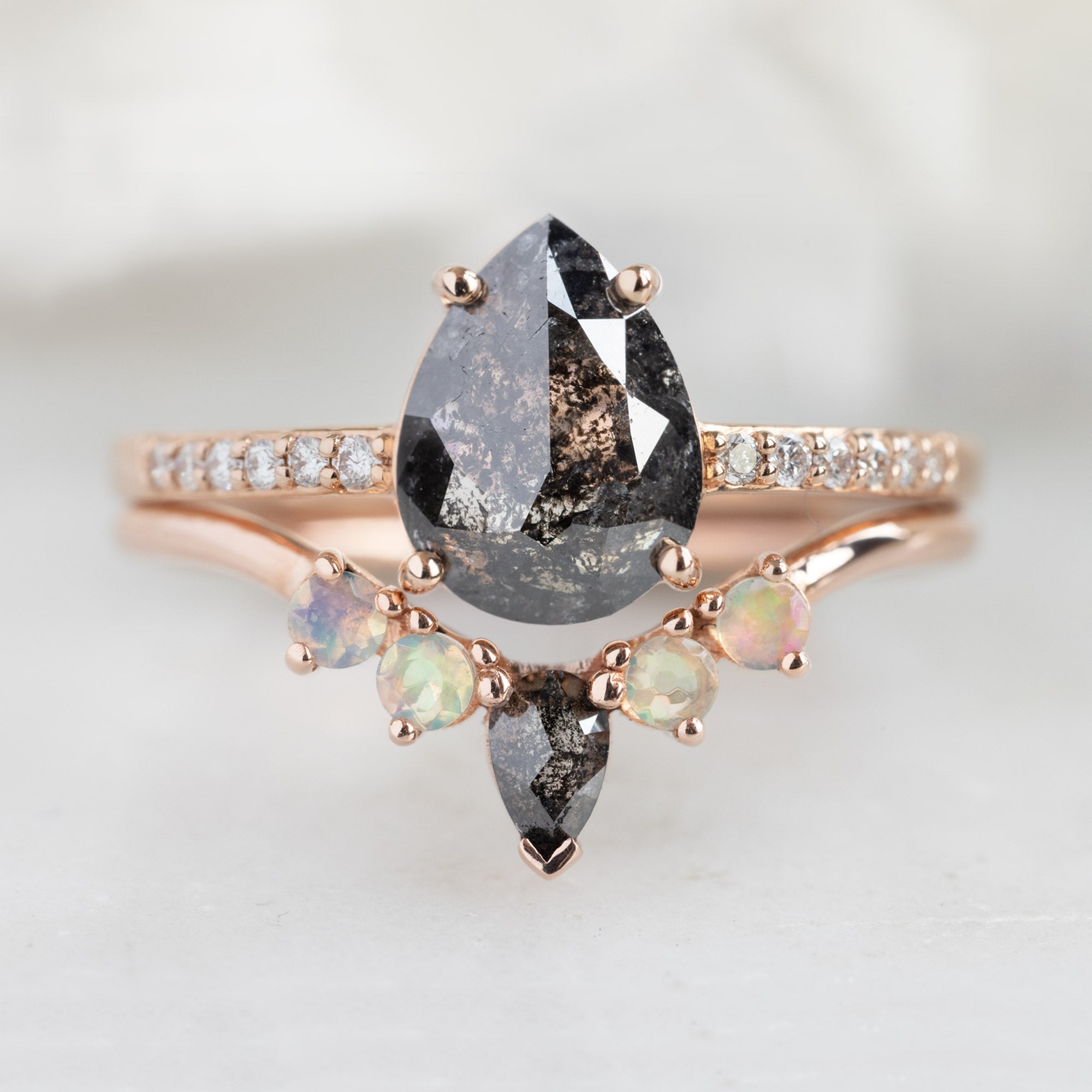 Alexis Russell Wedding Bands Black Diamond + Opal 4-Stone Sunburst Stacking Band | Yellow, Rose or White Gold