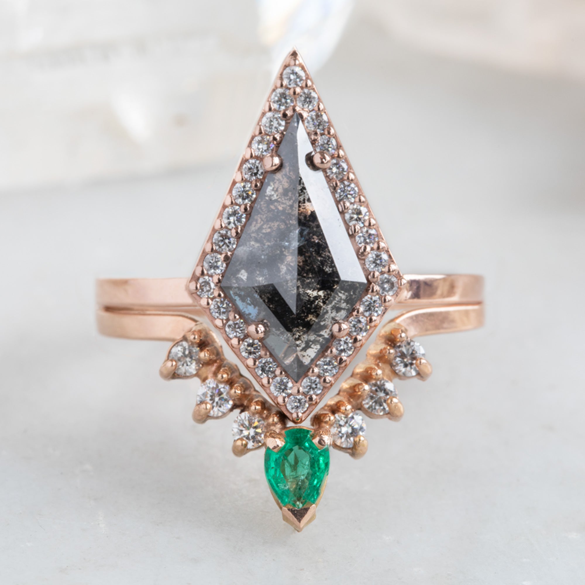 Alexis Russell  Wedding Bands Emerald + White Diamond Sunburst Stacking Band | Yellow, Rose or White Gold