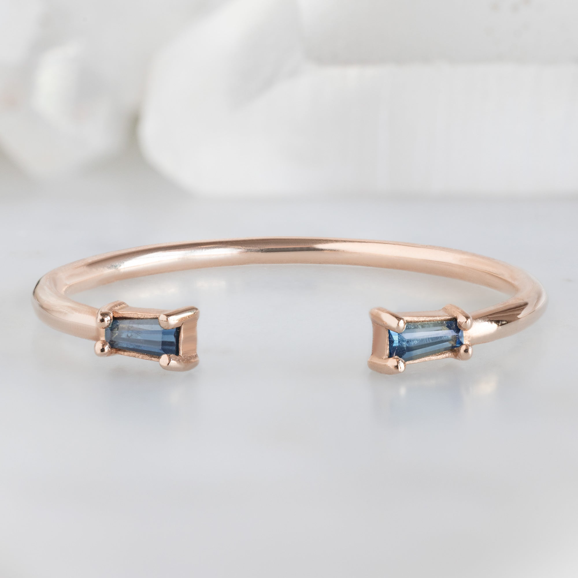 Alexis Russell Wedding Bands Open Cuff Baguette Montana Sapphire Stacking Band | Rose Gold