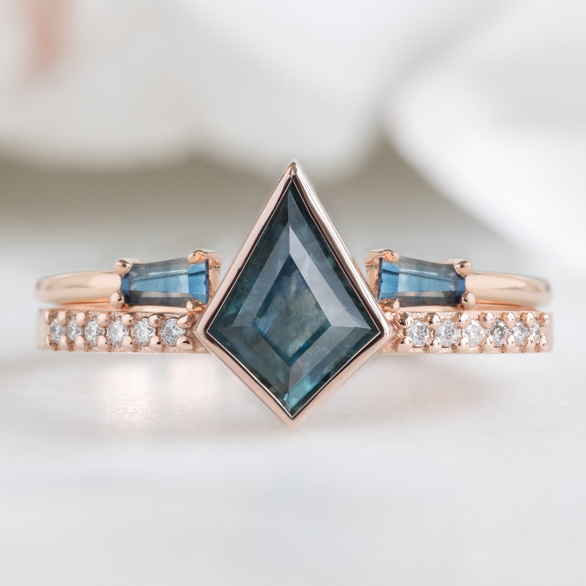 Alexis Russell Wedding Bands Open Cuff Baguette Montana Sapphire Stacking Band | Rose Gold