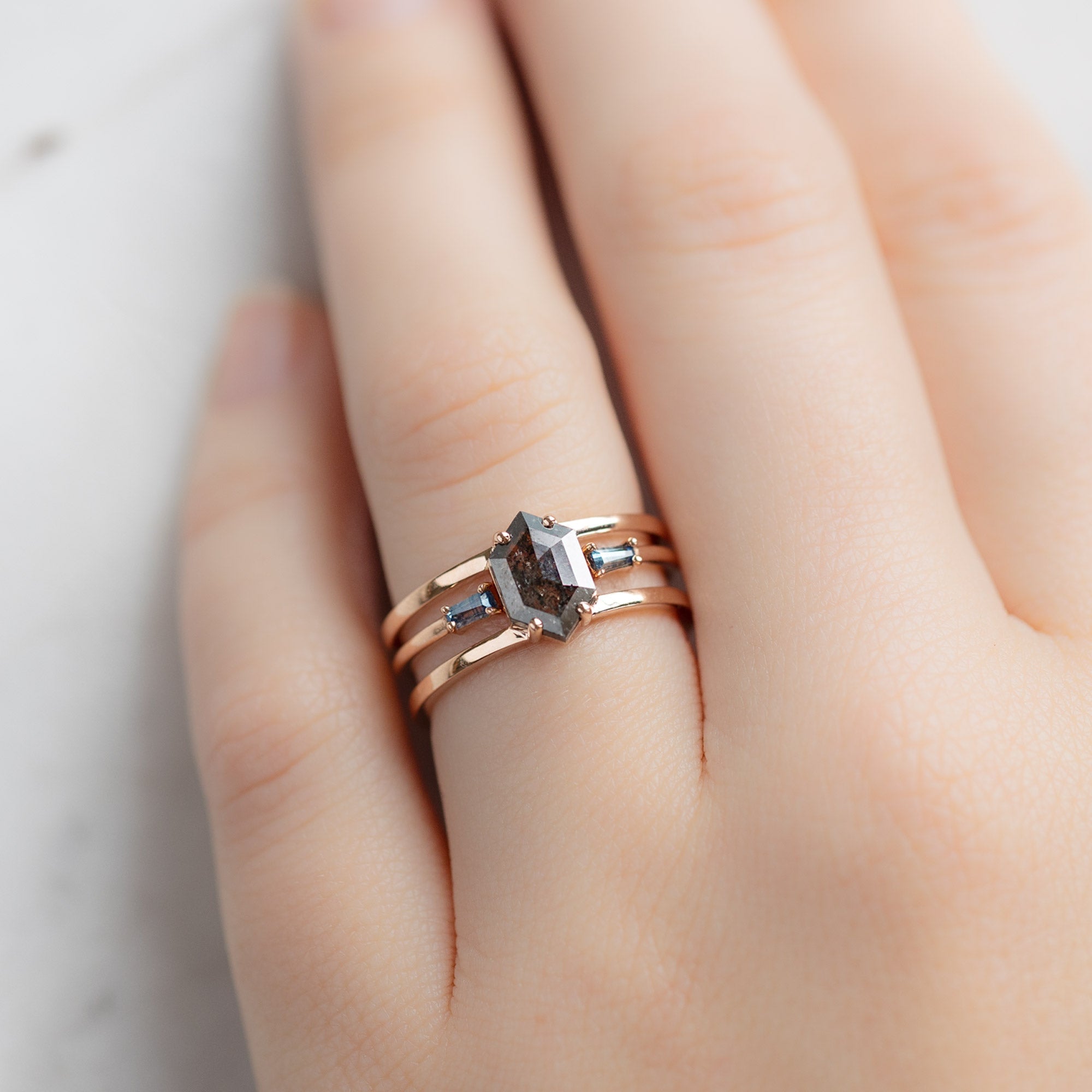 Alexis Russell Wedding Bands Open Cuff Baguette Montana Sapphire Stacking Band | Rose Gold