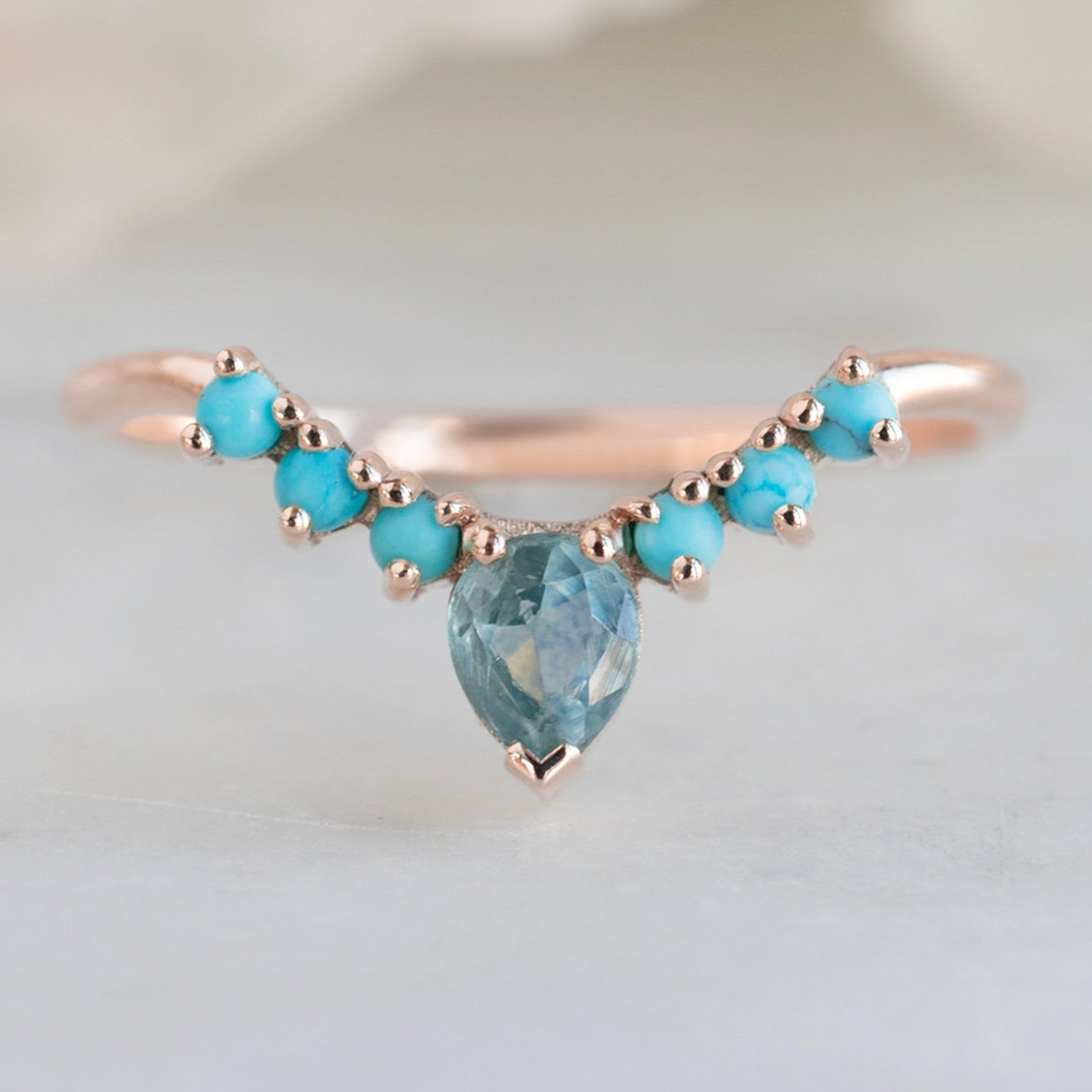 Alexis Russell Wedding Bands Montana Sapphire + Turquoise Sunburst Stacking Band | Yellow, Rose or White Gold