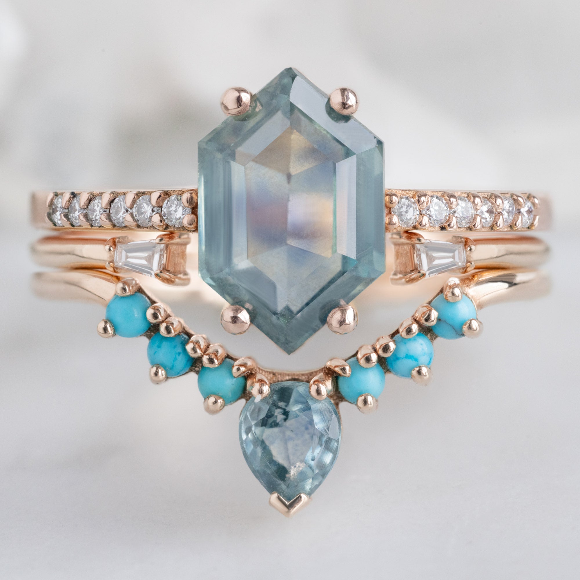 Alexis Russell Wedding Bands Montana Sapphire + Turquoise Sunburst Stacking Band | Yellow, Rose or White Gold