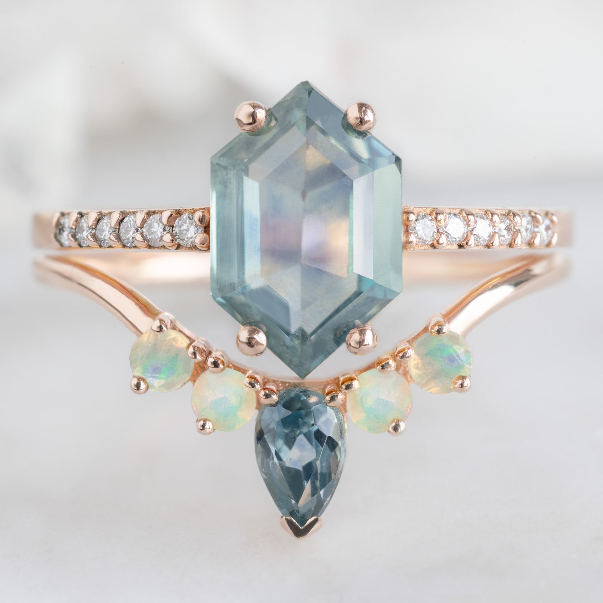 Alexis Russell Wedding Bands Montana Sapphire + Opal 4-Stone Sunburst Stacking Band | Yellow, Rose or White Gold