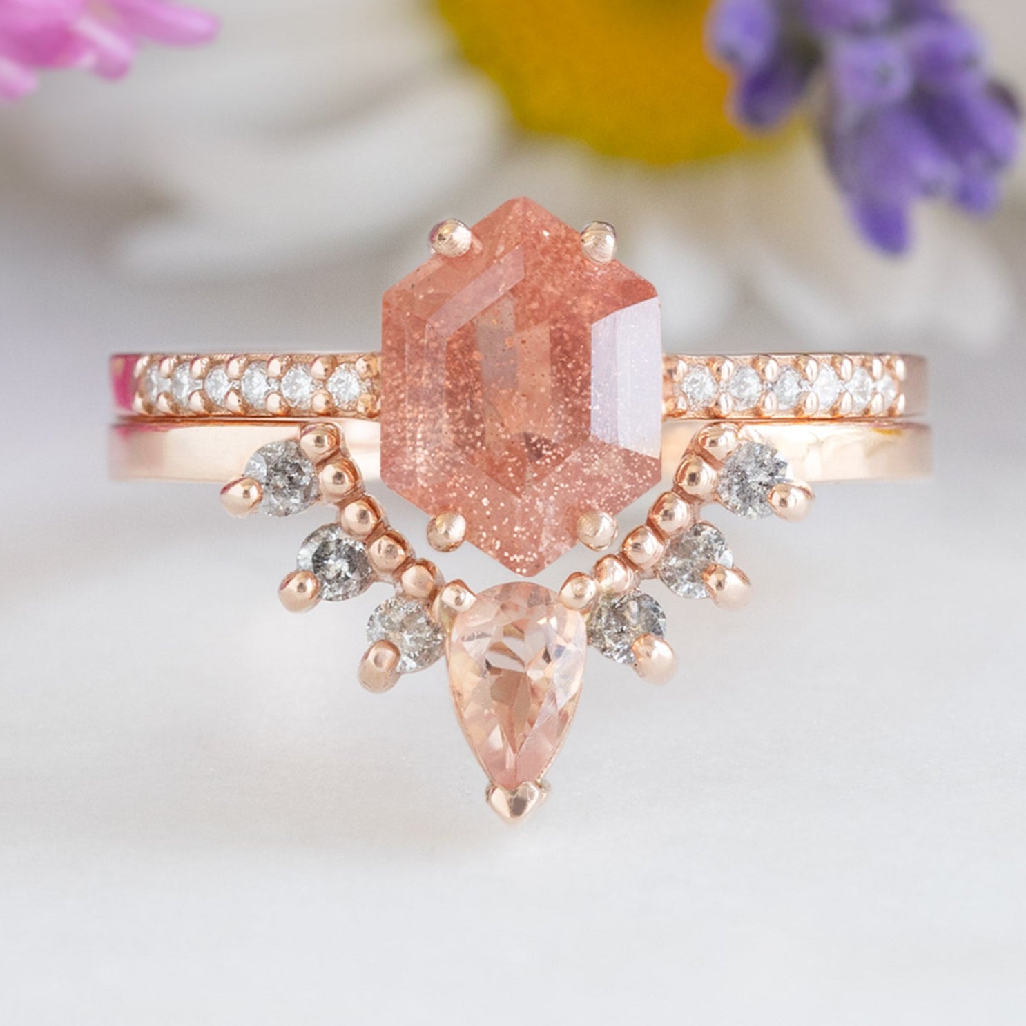 Alexis Russell  Wedding Bands Sunstone + Salt and Pepper Diamond Sunburst Stacking Band | Yellow, Rose or White Gold