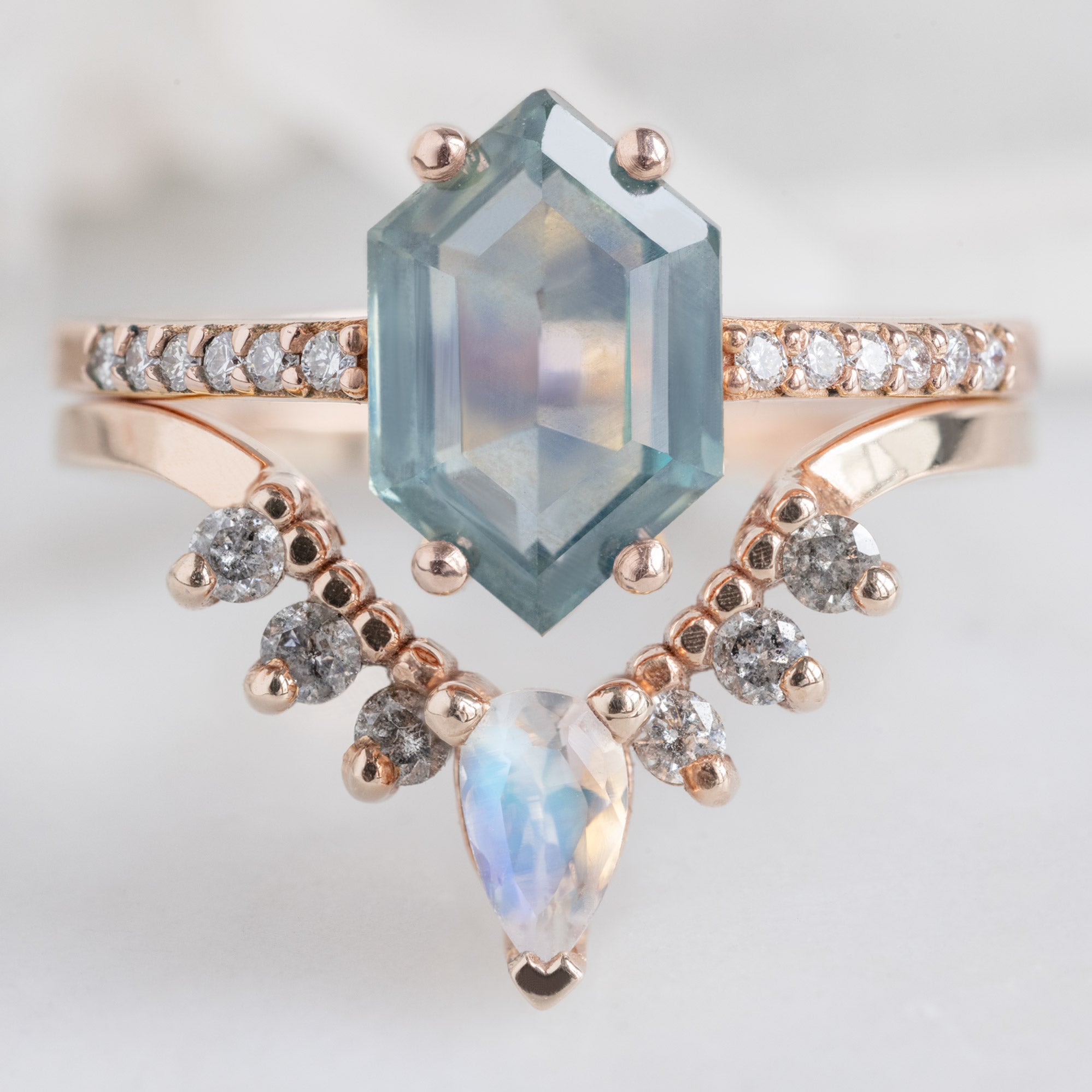 Alexis Russell  Wedding Bands Moonstone + Salt and Pepper Diamond Sunburst Stacking Band | Yellow, Rose or White Gold