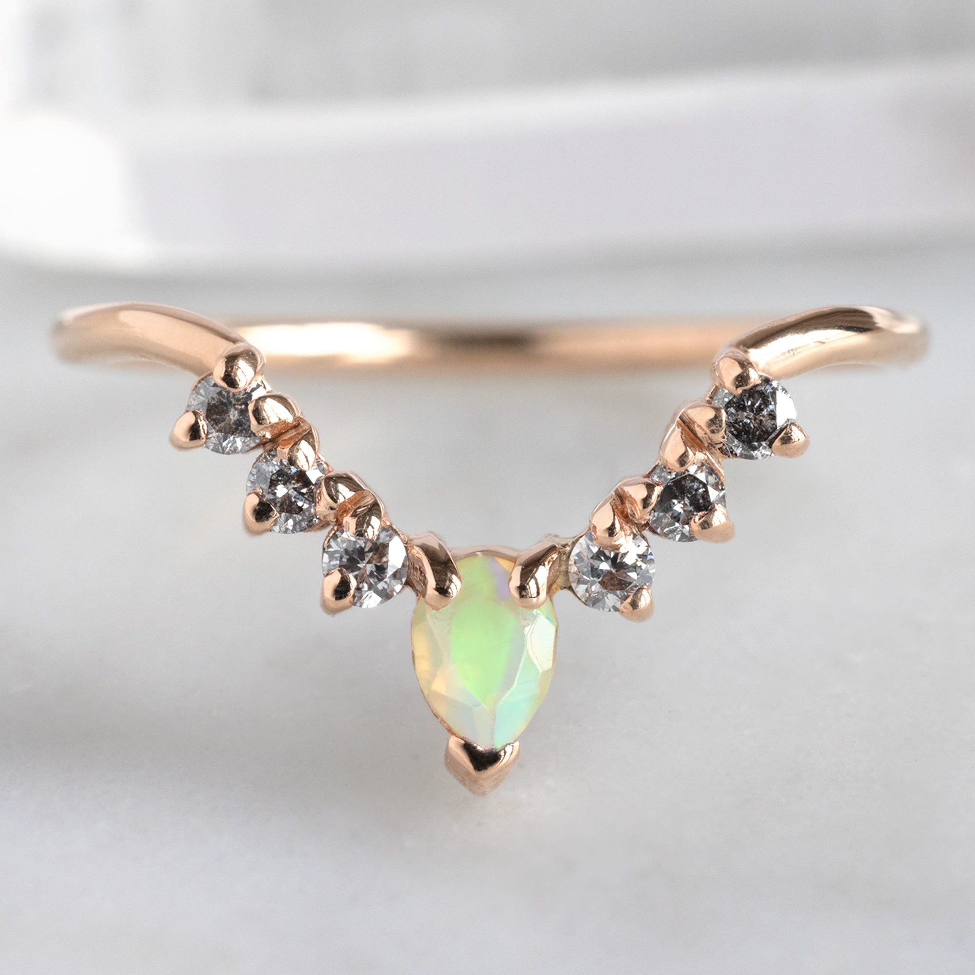 Alexis Russell  Wedding Bands Opal + Salt and Pepper Diamond Sunburst Stacking Band | Yellow, Rose or White Gold