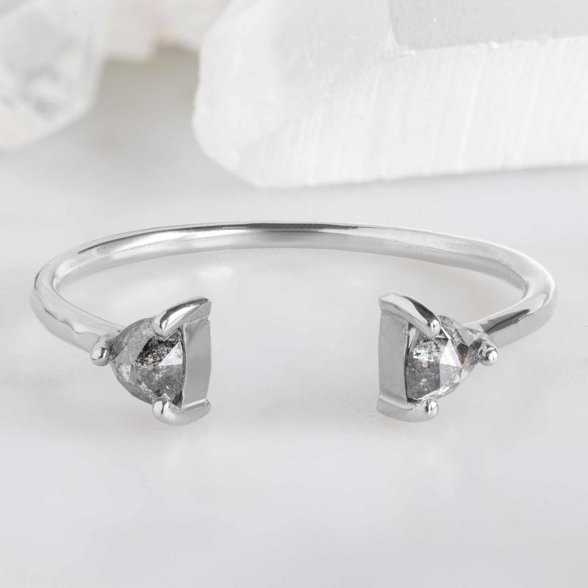 Alexis Russell Wedding Bands Open Cuff Salt and Pepper Diamond Trillion Stacking Band | White Gold