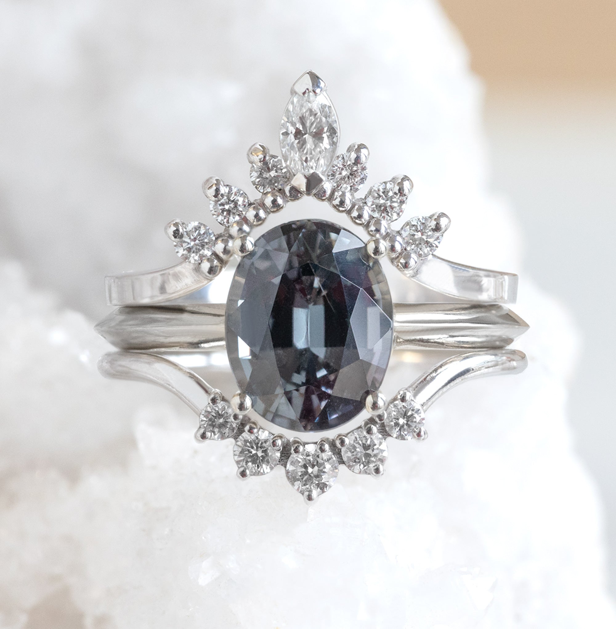 Alexis Russell Wedding Bands White Diamond Marquise Sunburst Stacking Band | Yellow, Rose or White Gold