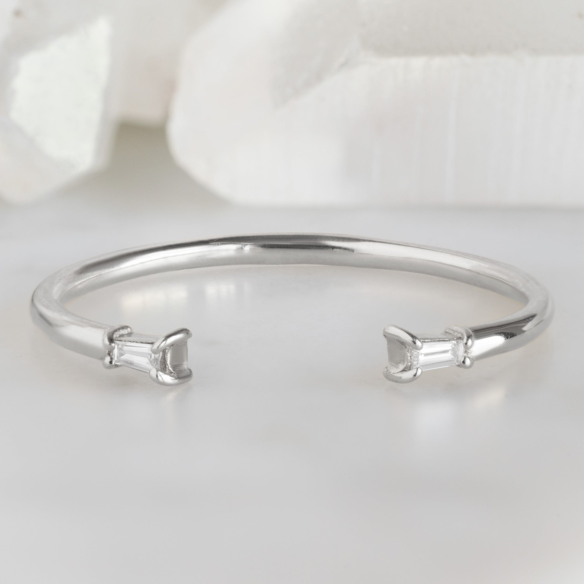 Alexis Russell Wedding Bands Open Cuff Baguette White Diamond Stacking Band | White Gold