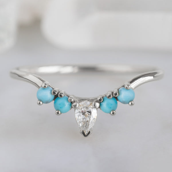 Alexis Russell Wedding Bands White Diamond + Turquoise 4-Stone Sunburst Stacking Band | Yellow, Rose or White Gold