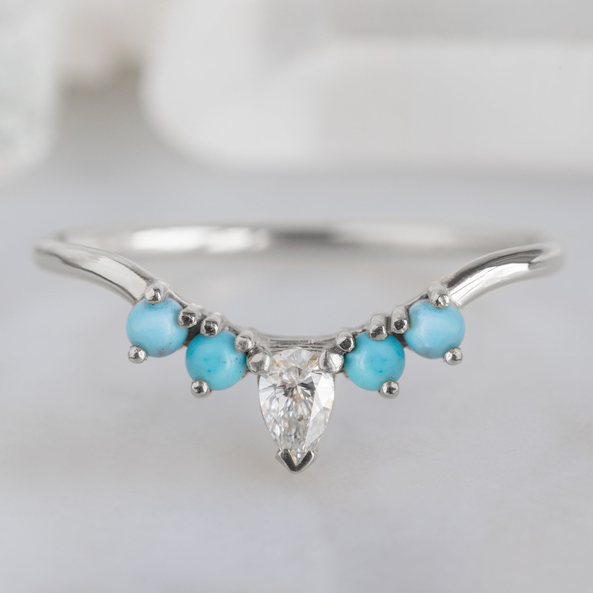Alexis Russell Wedding Bands White Diamond + Turquoise 4-Stone Sunburst Stacking Band | Yellow, Rose or White Gold