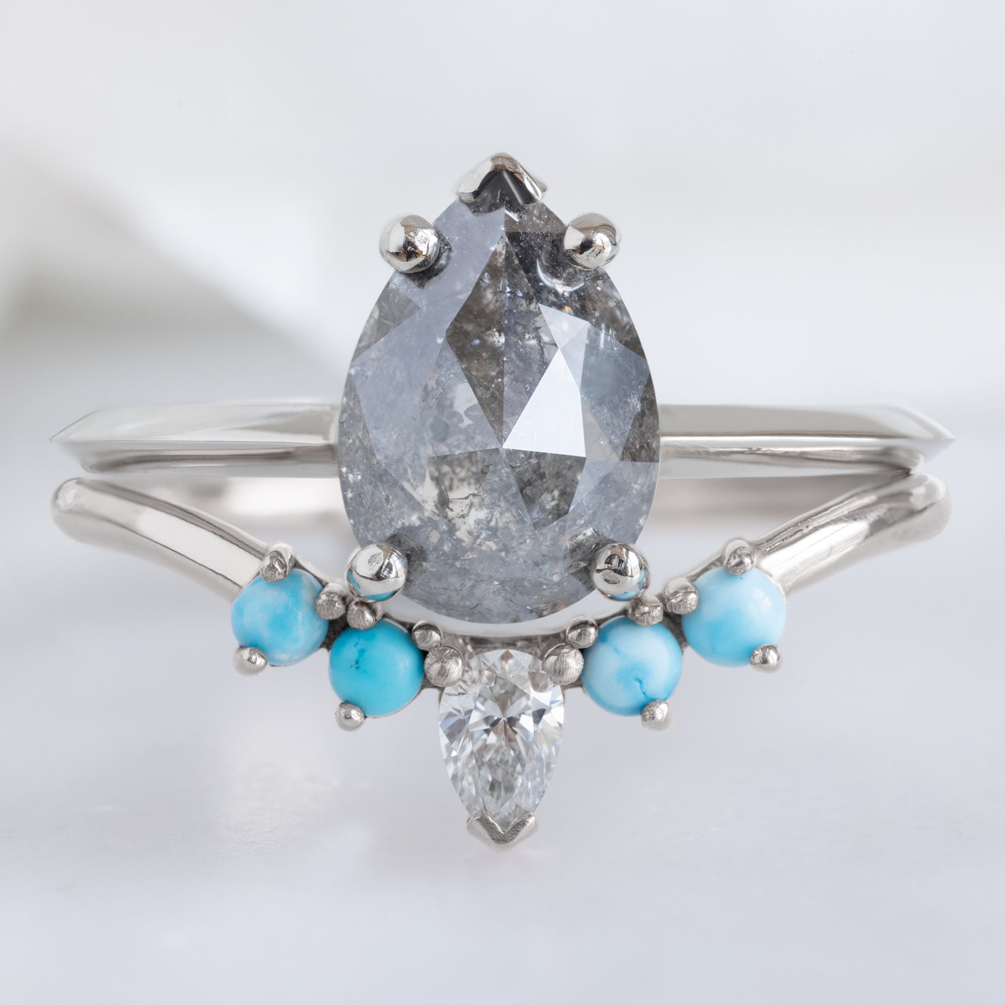 Alexis Russell Wedding Bands White Diamond + Turquoise 4-Stone Sunburst Stacking Band | Yellow, Rose or White Gold
