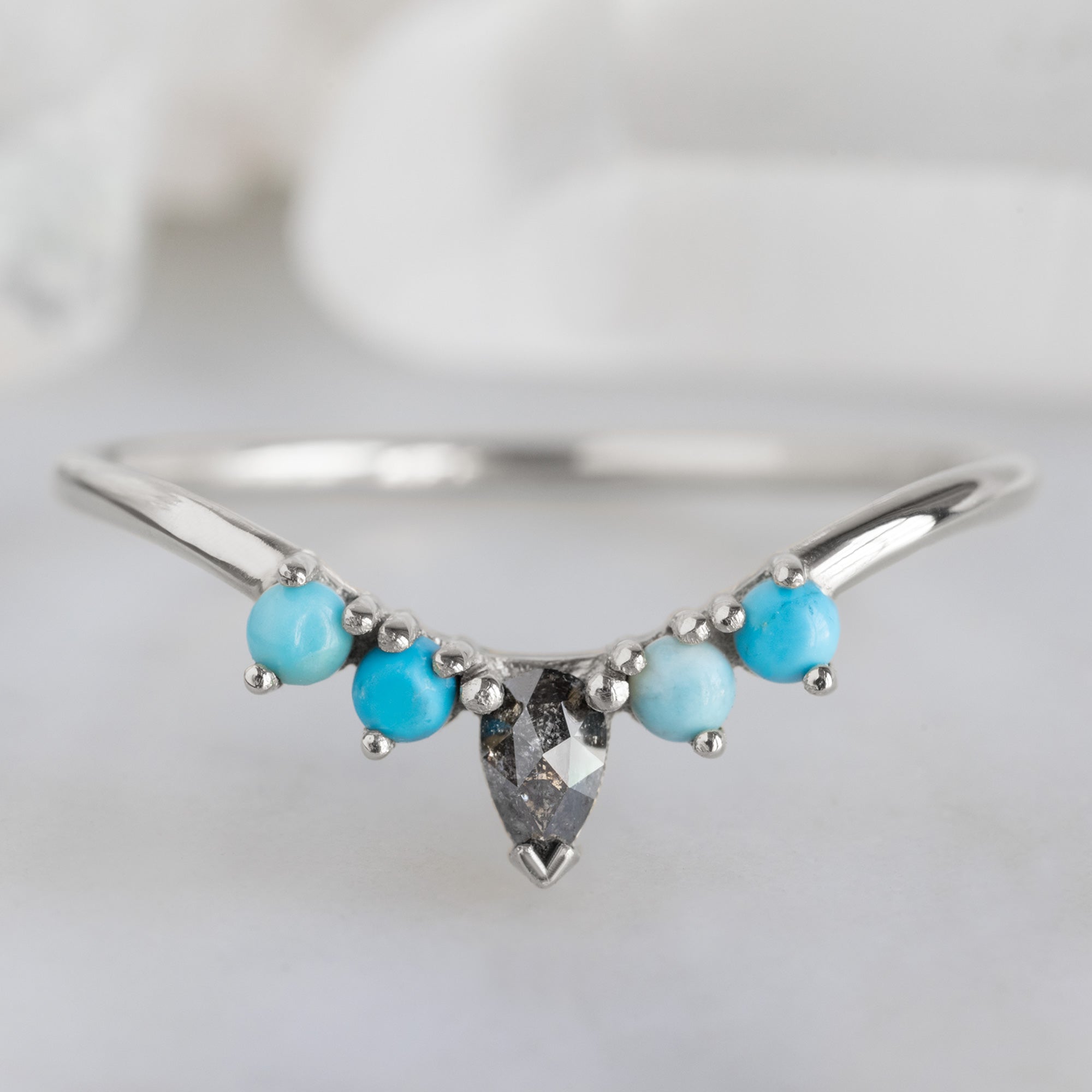 Alexis Russell Wedding Bands Black Diamond + Turquoise 4-Stone Sunburst Stacking Band | Yellow, Rose or White Gold