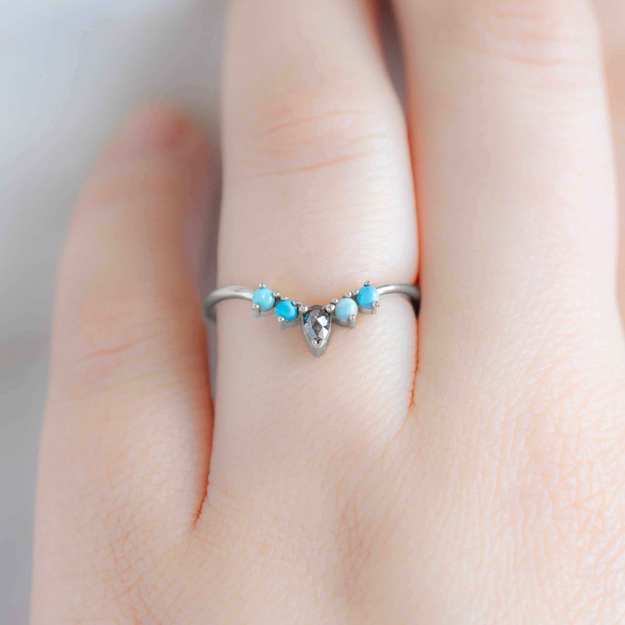 Alexis Russell Wedding Bands Black Diamond + Turquoise 4-Stone Sunburst Stacking Band | Yellow, Rose or White Gold