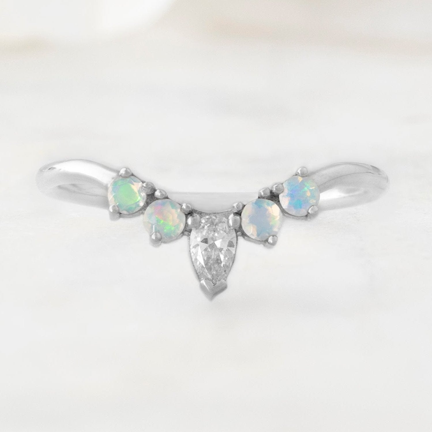 Alexis Russell Wedding Bands White Diamond + Opal 4-Stone Sunburst Stacking Band | White Gold