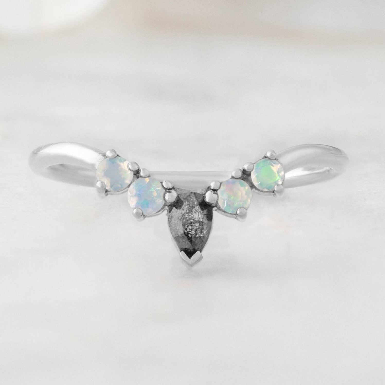 Alexis Russell Wedding Bands Black Diamond + Opal 4-Stone Sunburst Stacking Band | Yellow, Rose or White Gold