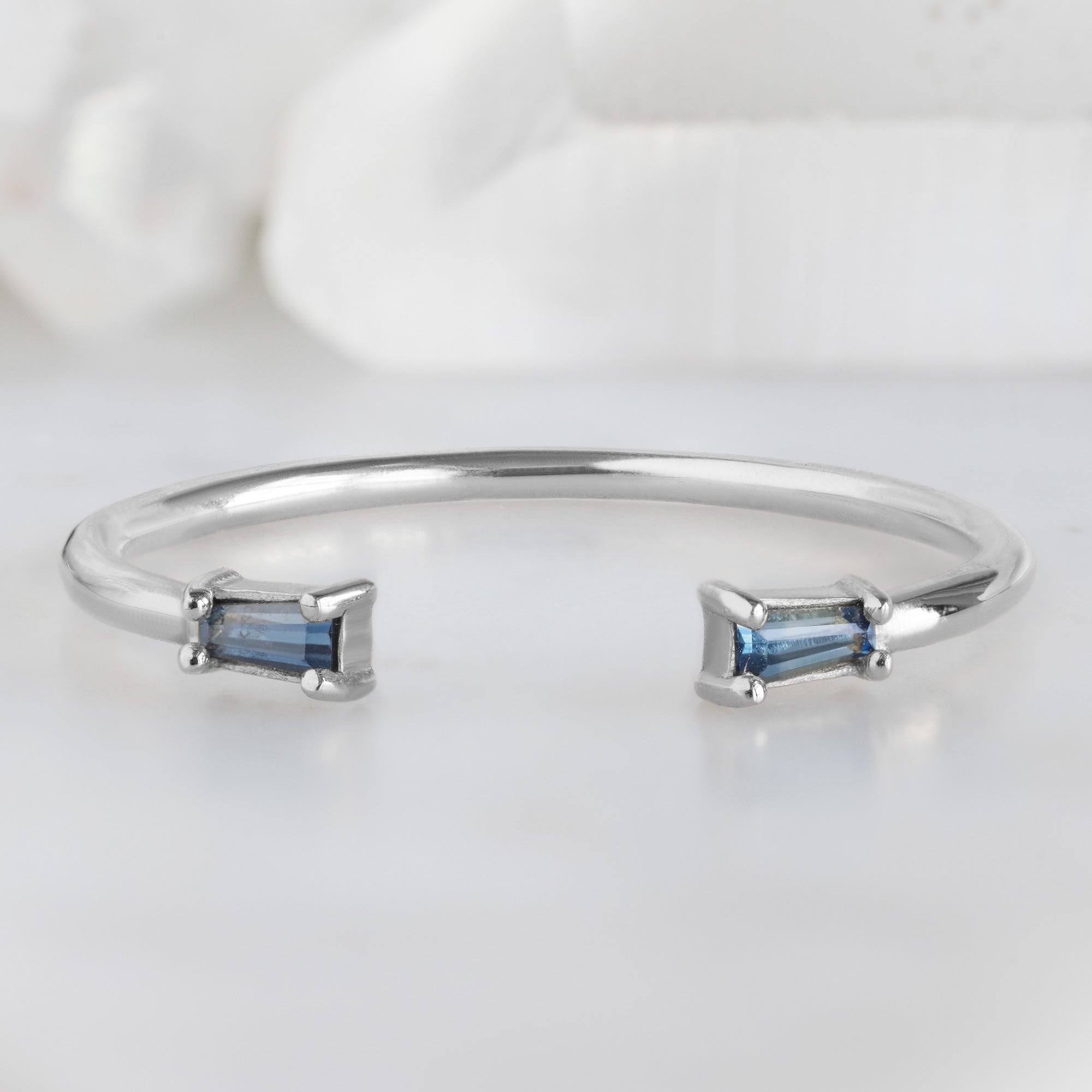 Alexis Russell Wedding Bands Open Cuff Baguette Montana Sapphire Stacking Band | White Gold