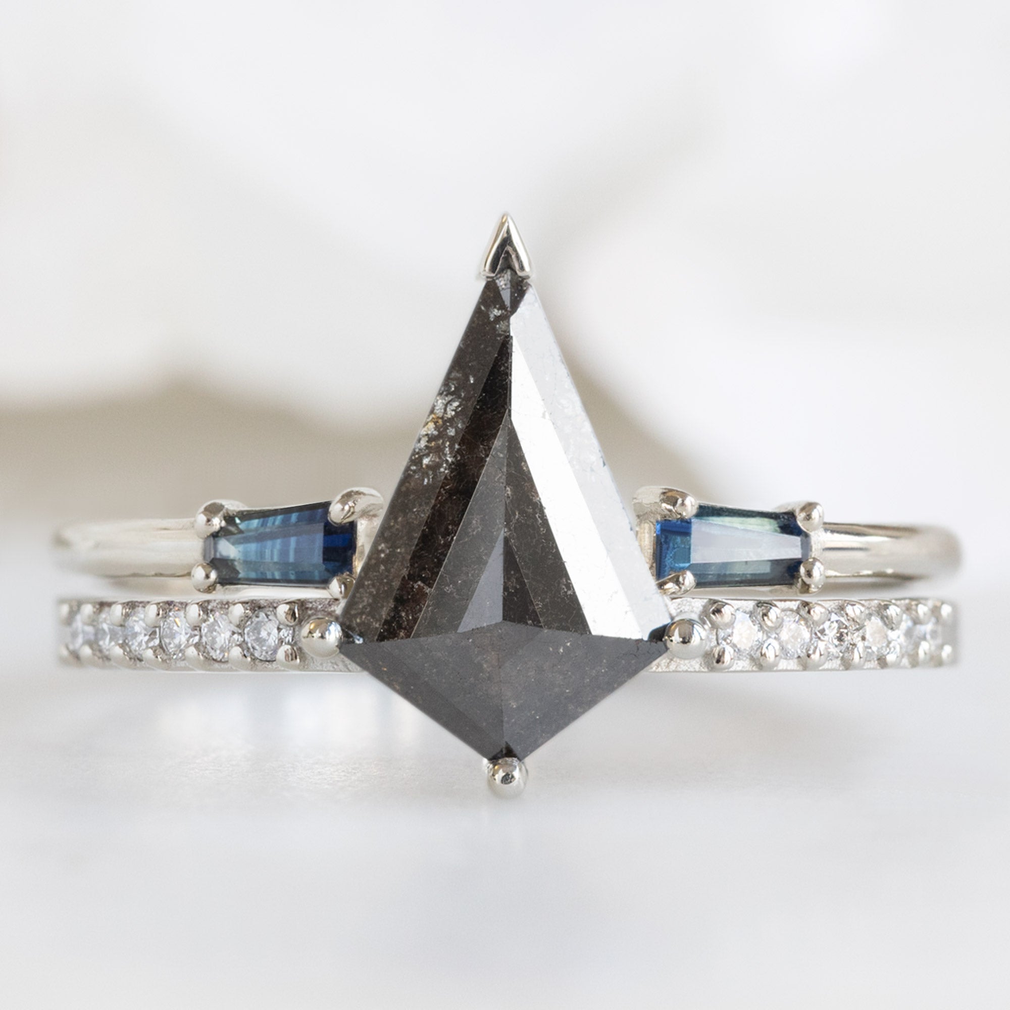 Alexis Russell Wedding Bands Open Cuff Baguette Montana Sapphire Stacking Band | White Gold