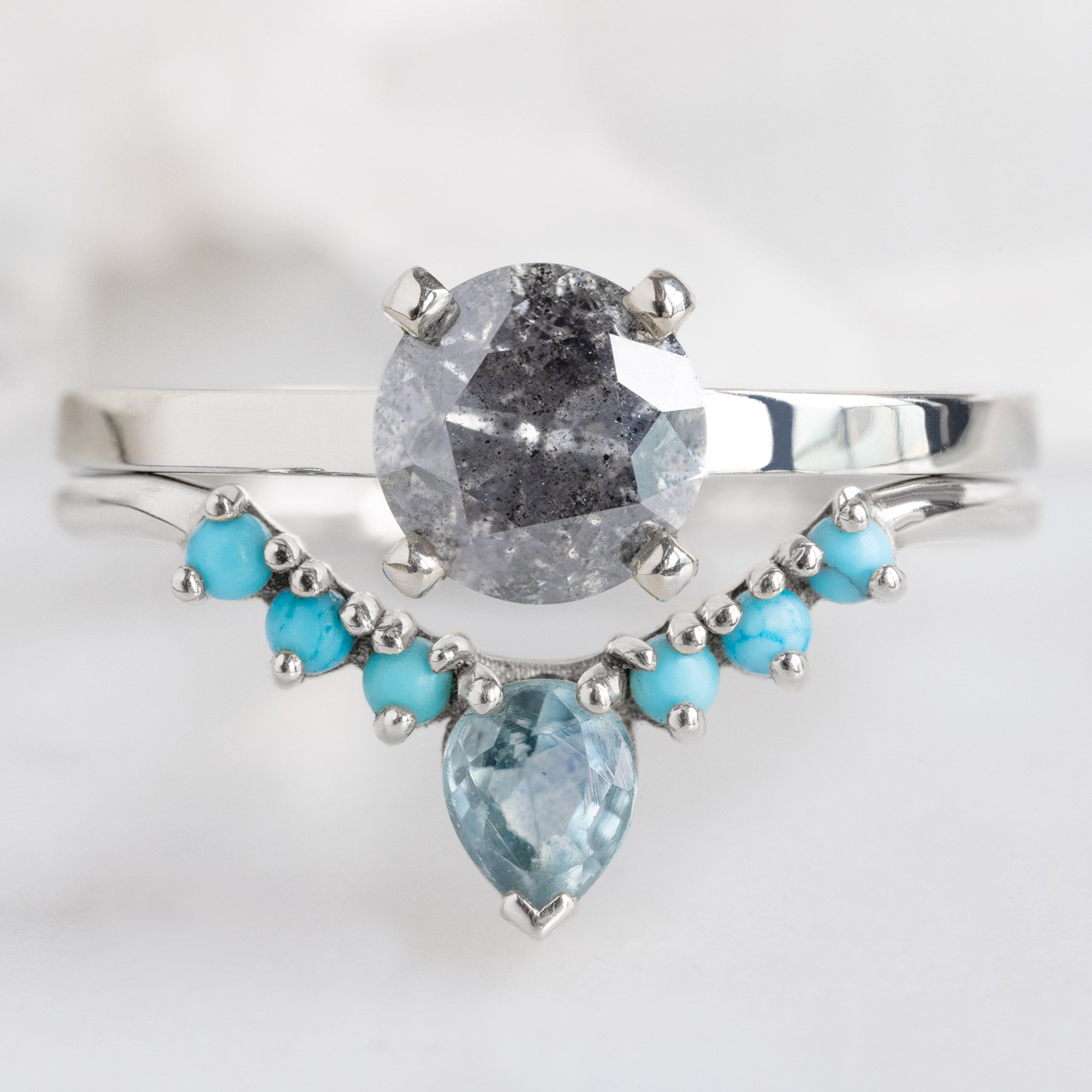 Alexis Russell Wedding Bands Montana Sapphire + Turquoise Sunburst Stacking Band | Yellow, Rose or White Gold
