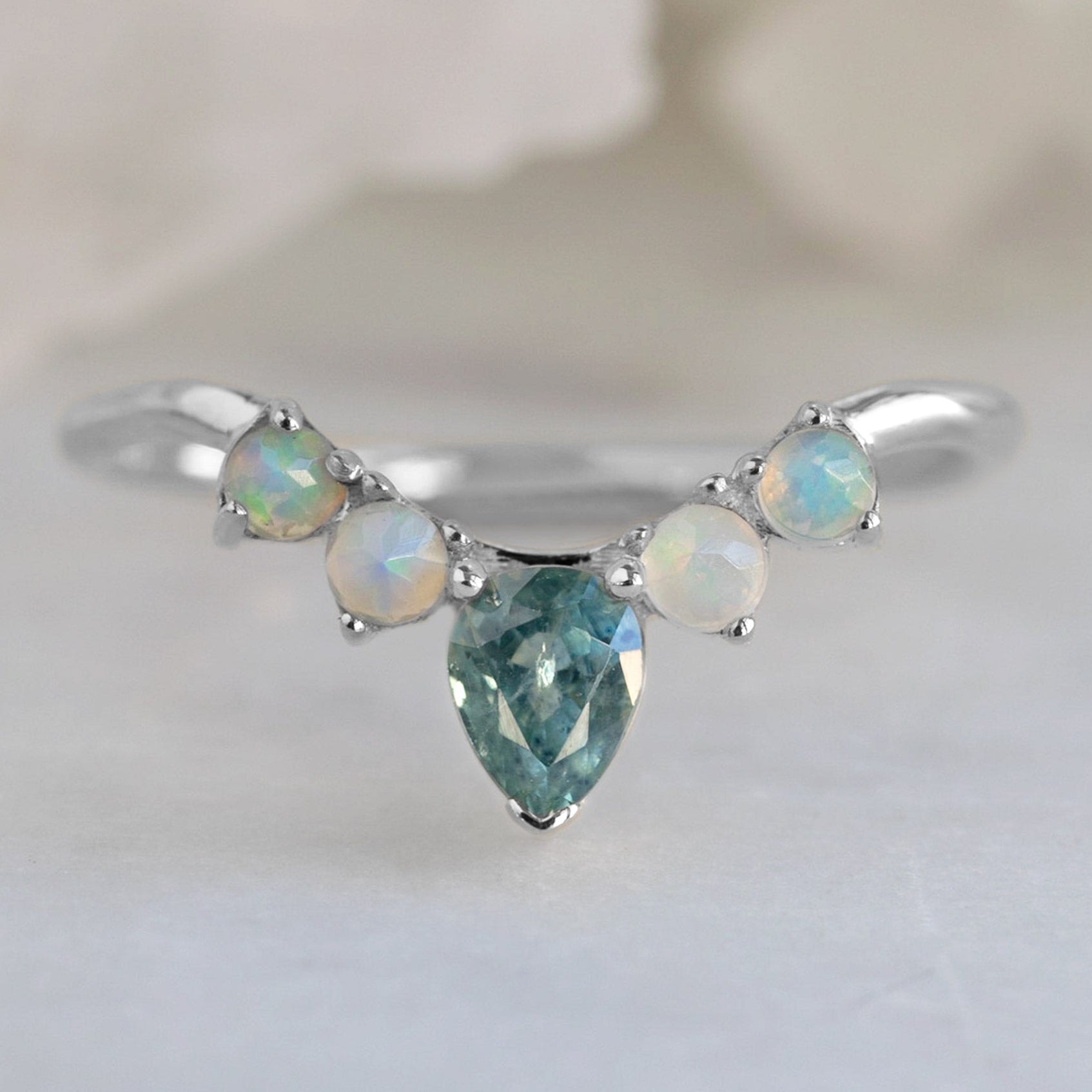 Alexis Russell Wedding Bands Montana Sapphire + Opal 4-Stone Sunburst Stacking Band | Yellow, Rose or White Gold
