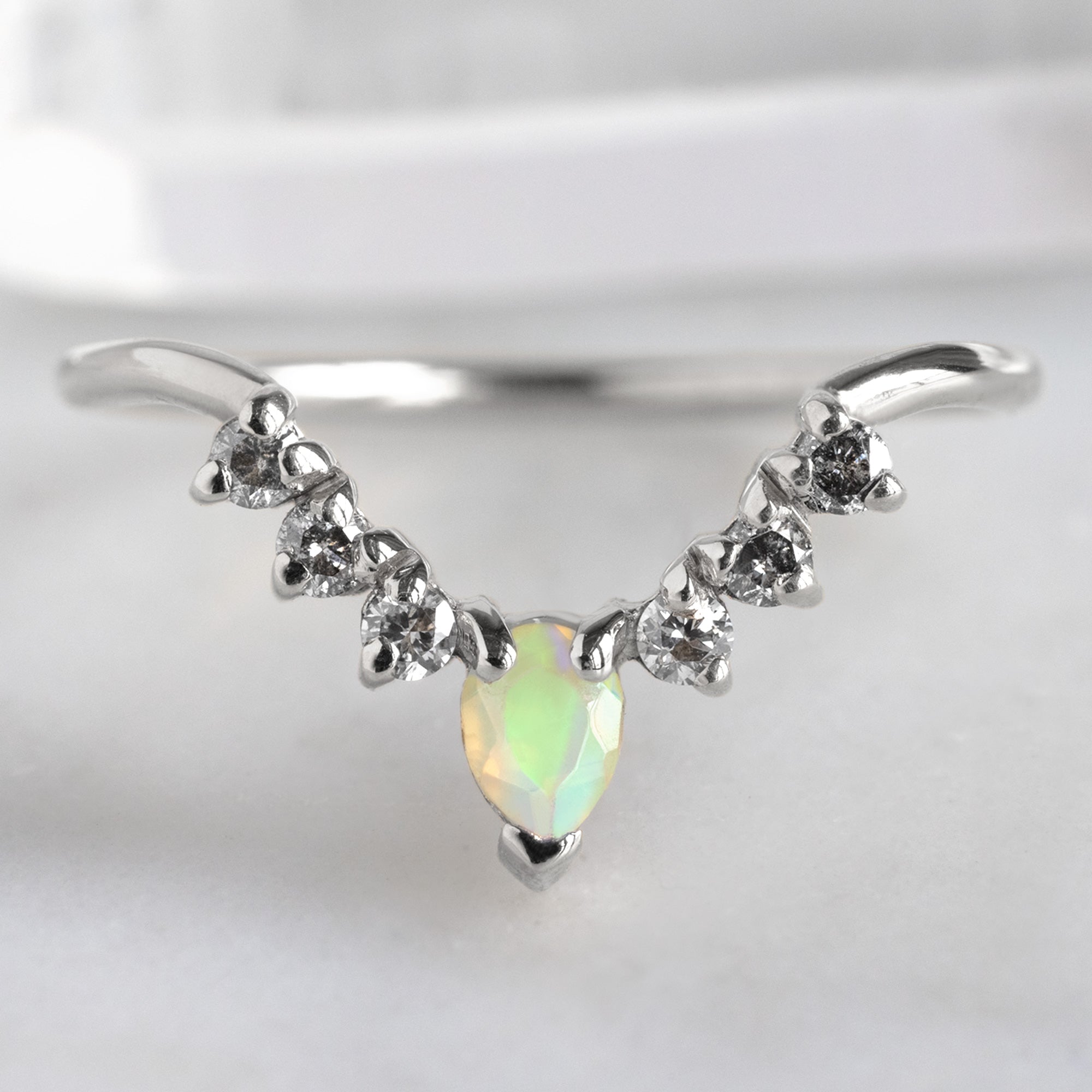Alexis Russell  Wedding Bands Opal + Salt and Pepper Diamond Sunburst Stacking Band | Yellow, Rose or White Gold