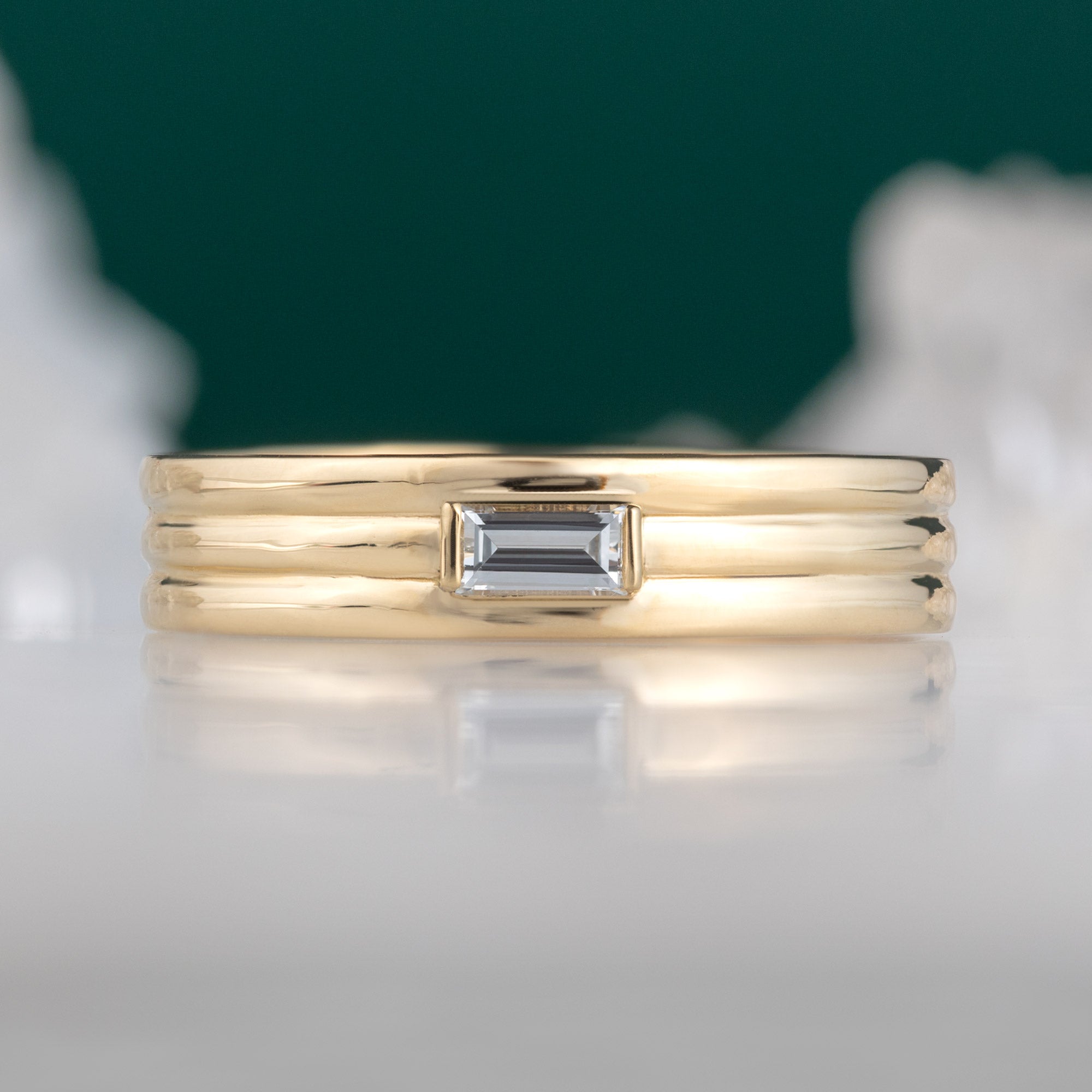 Alexis Russell Wedding Bands The Men's Stratum Wedding Band with a Lab Grown Baguette | Yellow Gold