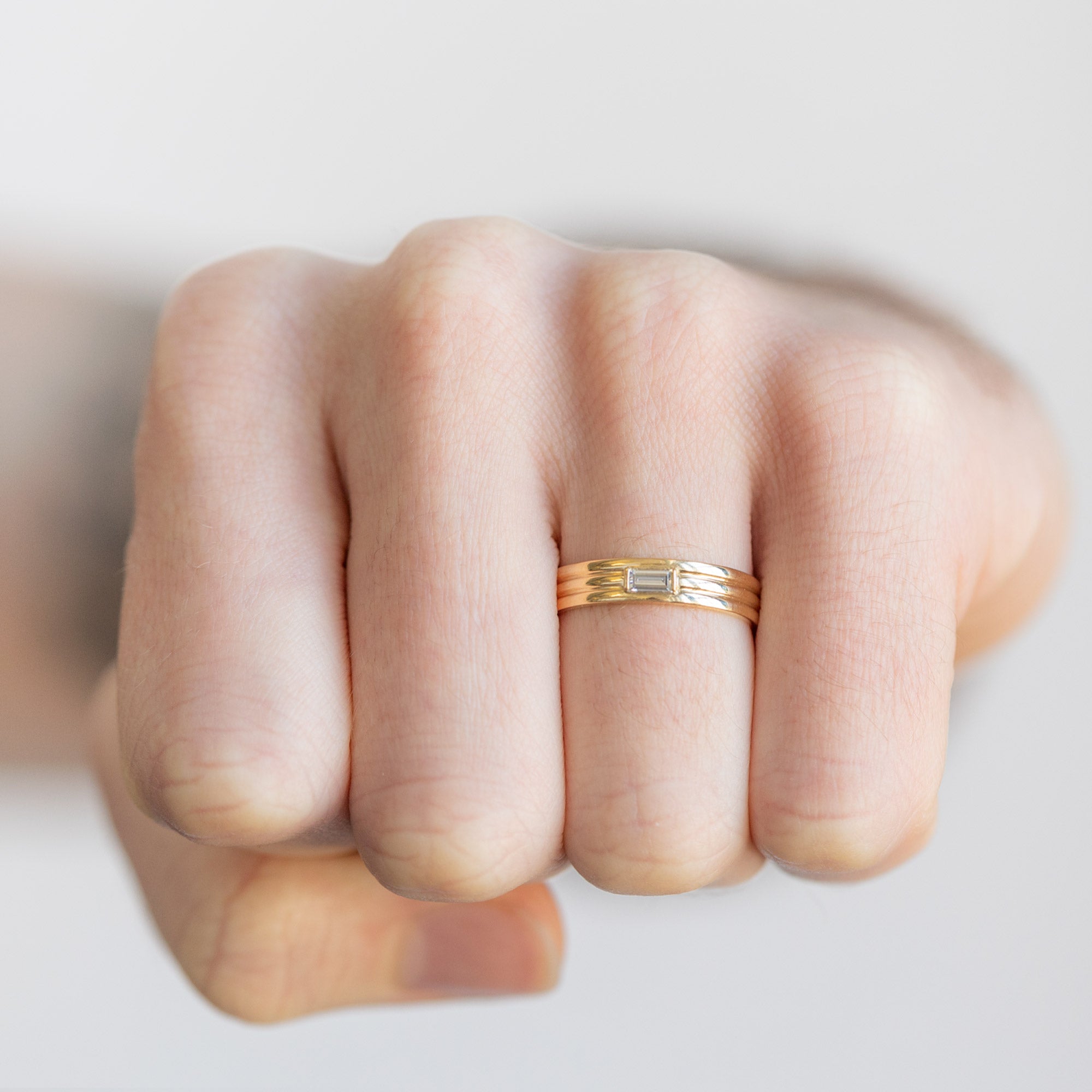 Alexis Russell Wedding Bands The Men's Stratum Wedding Band with a Lab Grown Baguette | Yellow Gold