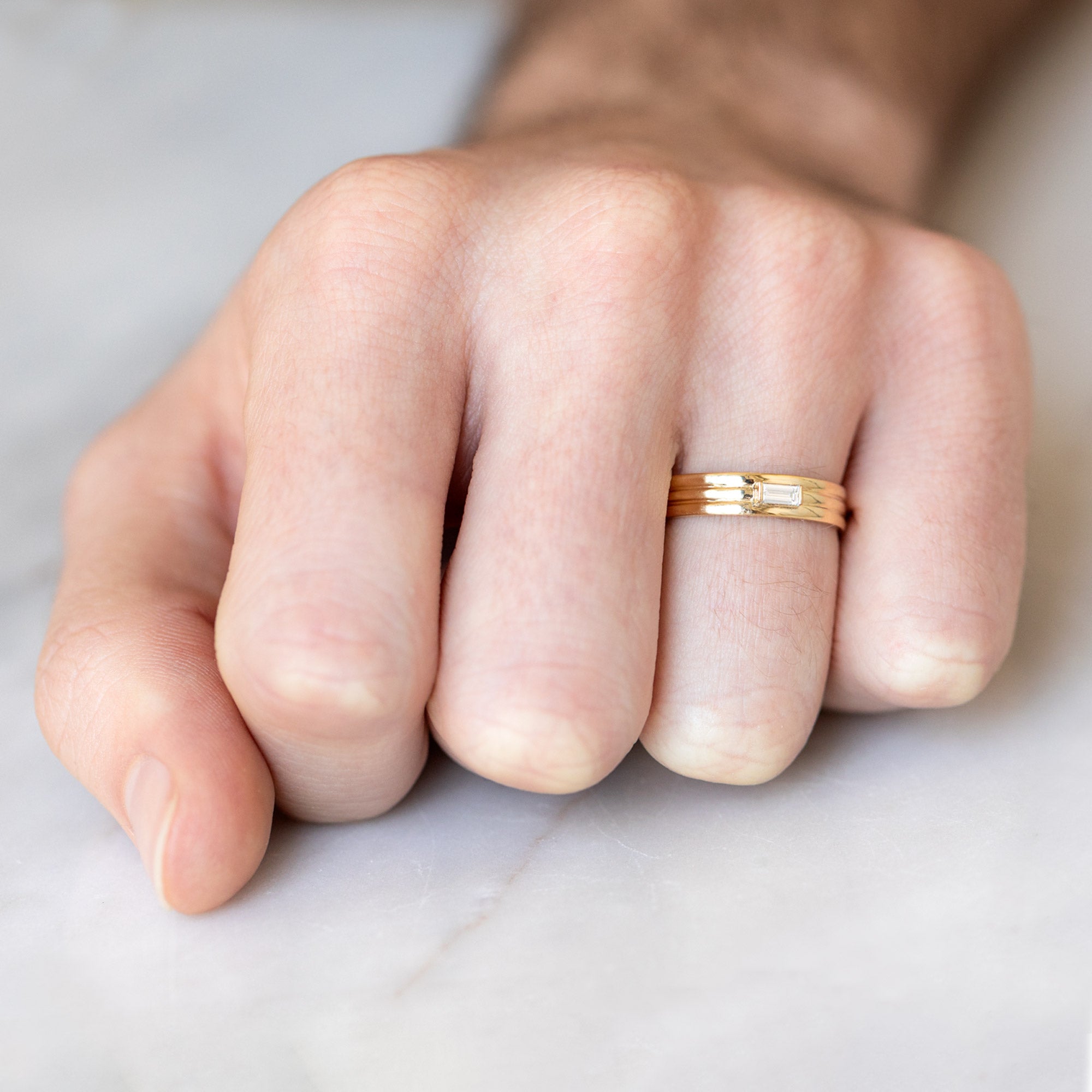 Alexis Russell Wedding Bands The Men's Stratum Wedding Band with a Lab Grown Baguette | Yellow Gold